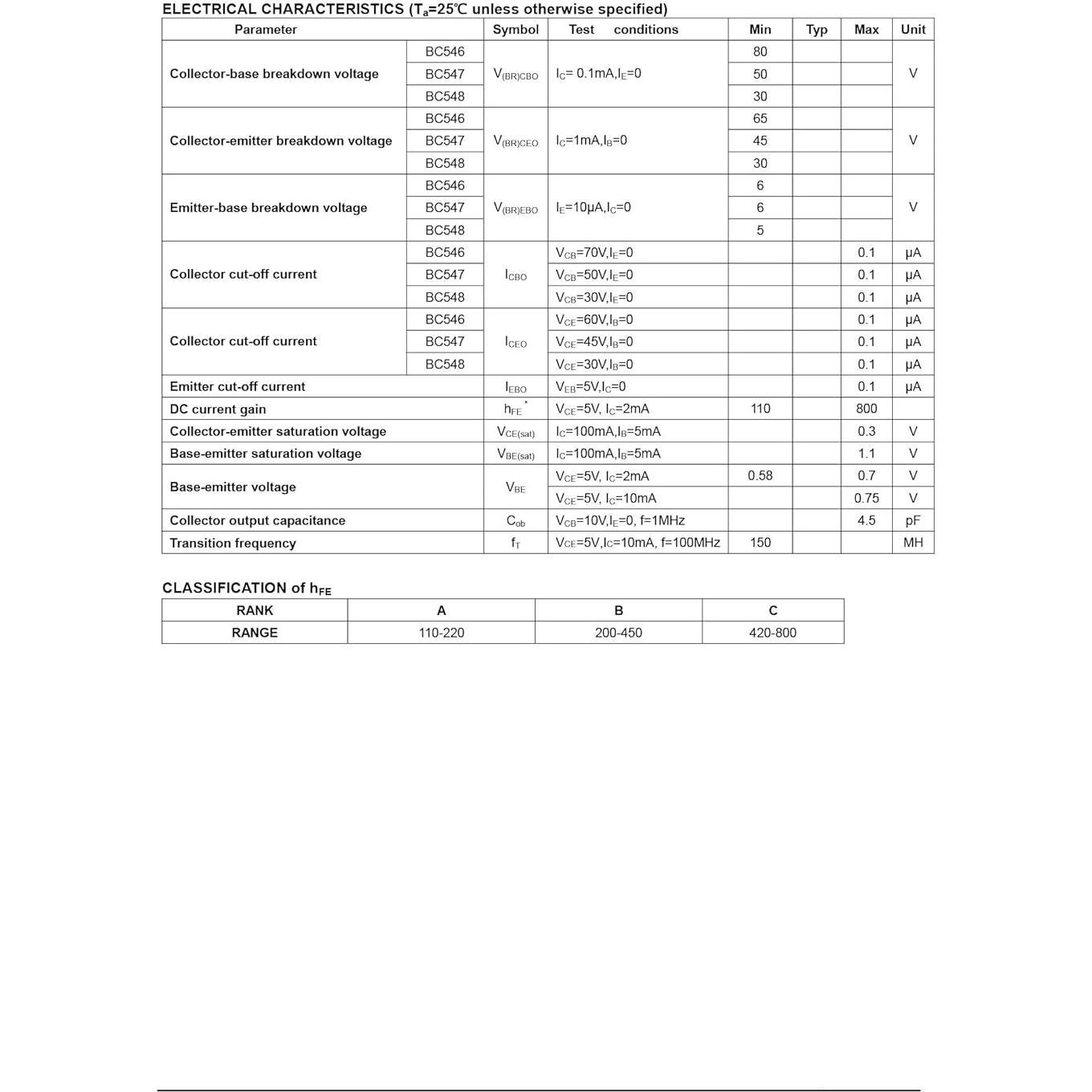 Transistor NPN Chanzon BC547B TO-92 100 Piezas 0.625W