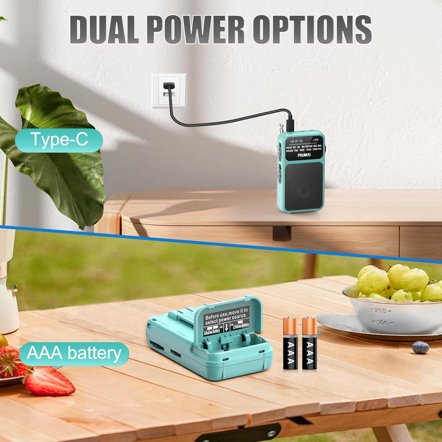 Radio de Bolsillo PRUNUS J-555 AM FM Carga USB-C y Batería