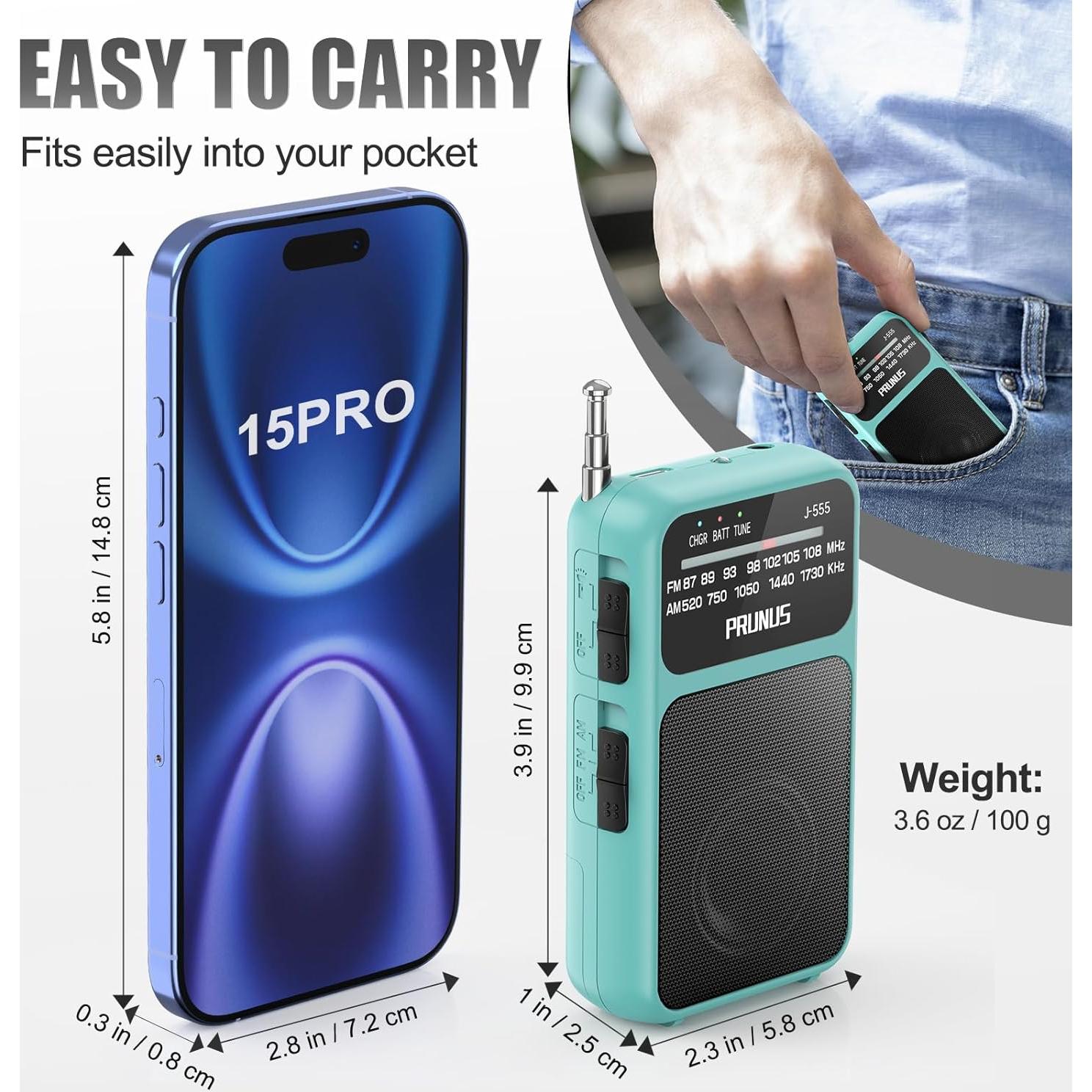 Radio de Bolsillo PRUNUS J-555 AM FM Carga USB-C y Batería
