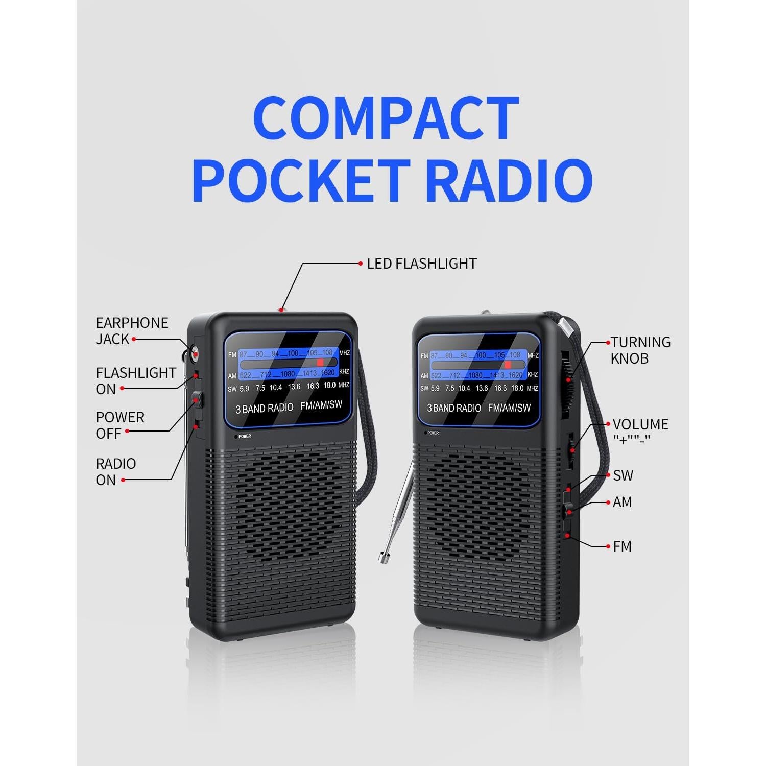 Radio portátil AM FM SW Rlataaer con linterna LED y auriculares