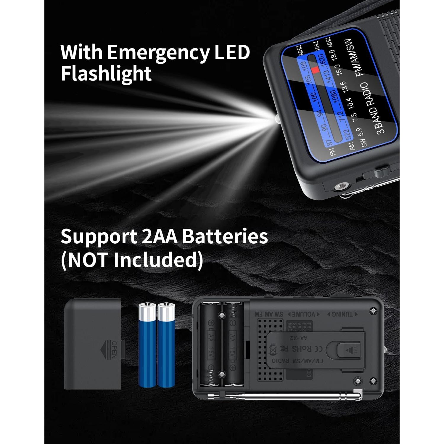 Radio portátil AM FM SW Rlataaer con linterna LED y auriculares