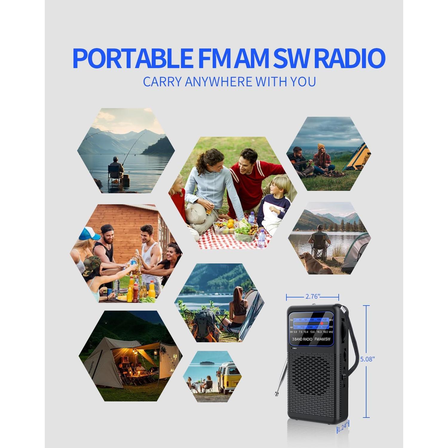 Radio portátil AM FM SW Rlataaer con linterna LED y auriculares