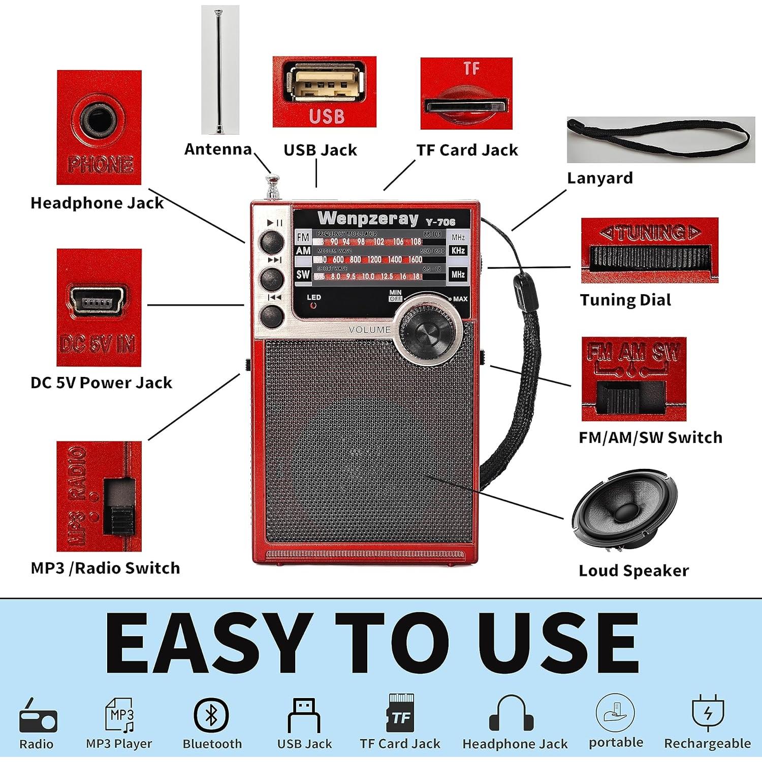 Radio Portátil AM FM SW Y-706 Wenpzeray Compacta USB Rojo