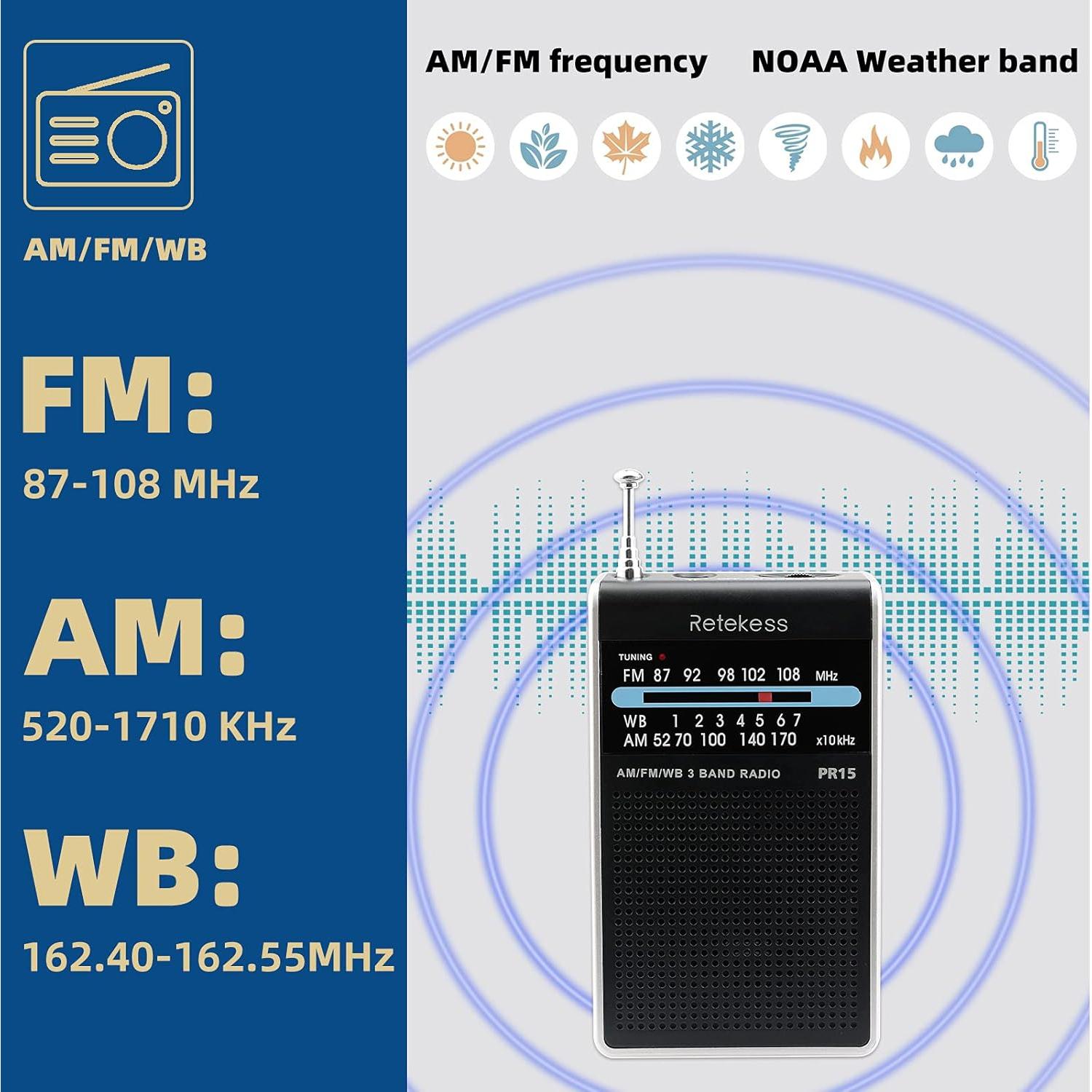 Radio Meteorológica Portátil Retekess PR15 AM FM NOAA 68g