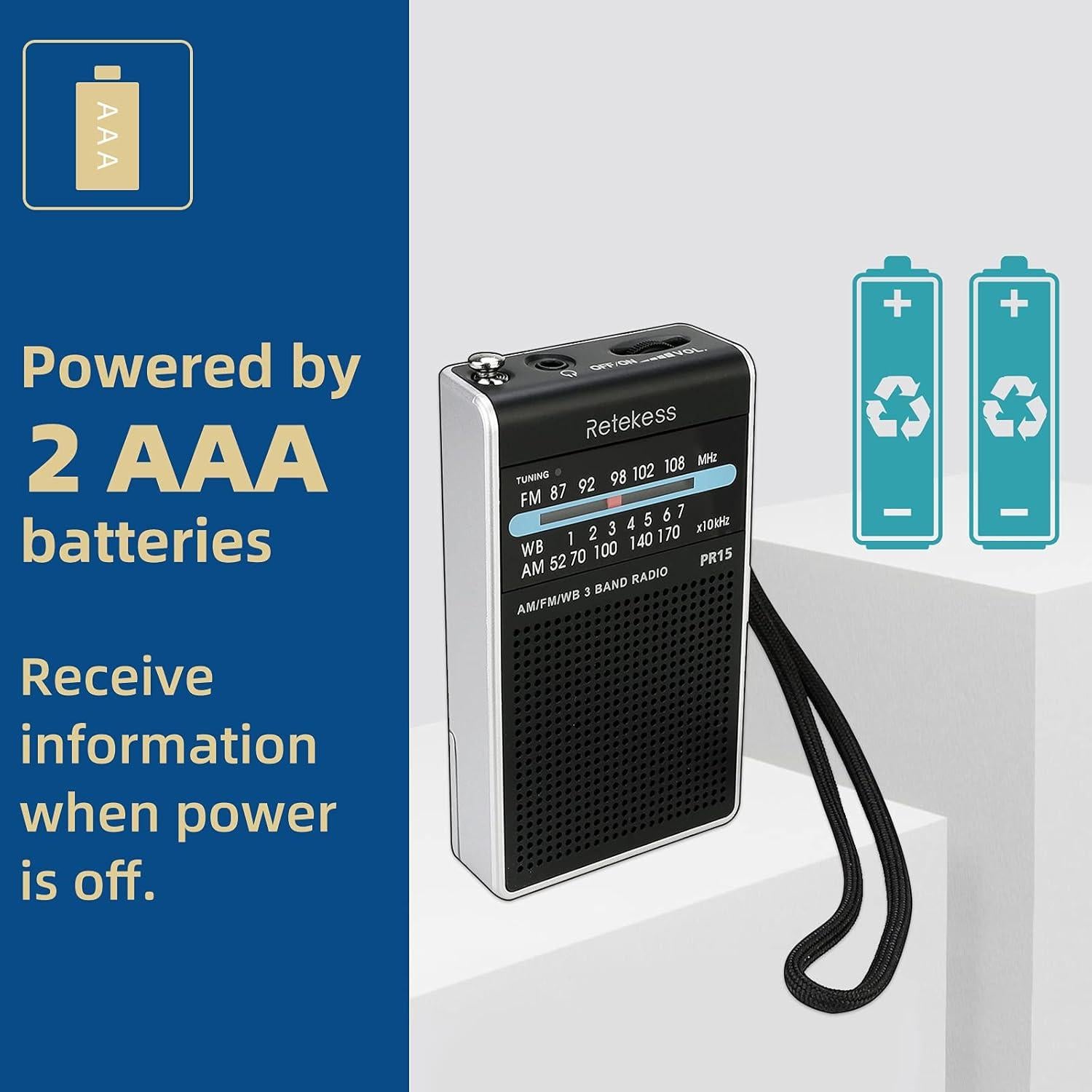 Radio Meteorológica Portátil Retekess PR15 AM FM NOAA 68g