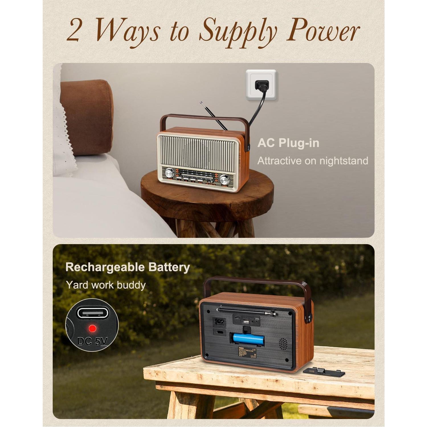 Radio Retro Portátil PRUNUS J-120 AM FM Bluetooth 1800mAh