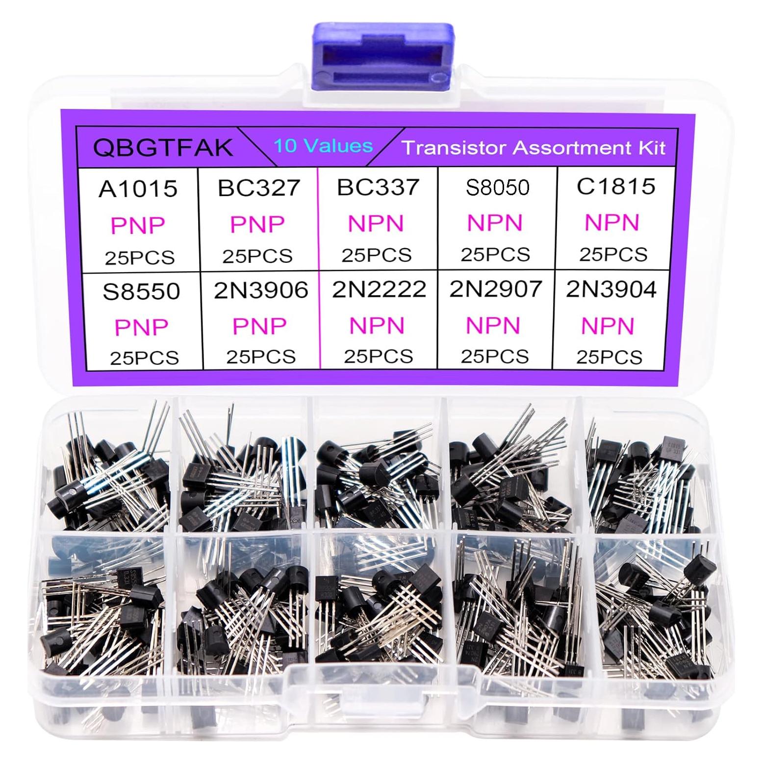 Kit de 250 Transistores NPN PNP QBGTFAK con Caja Plástica