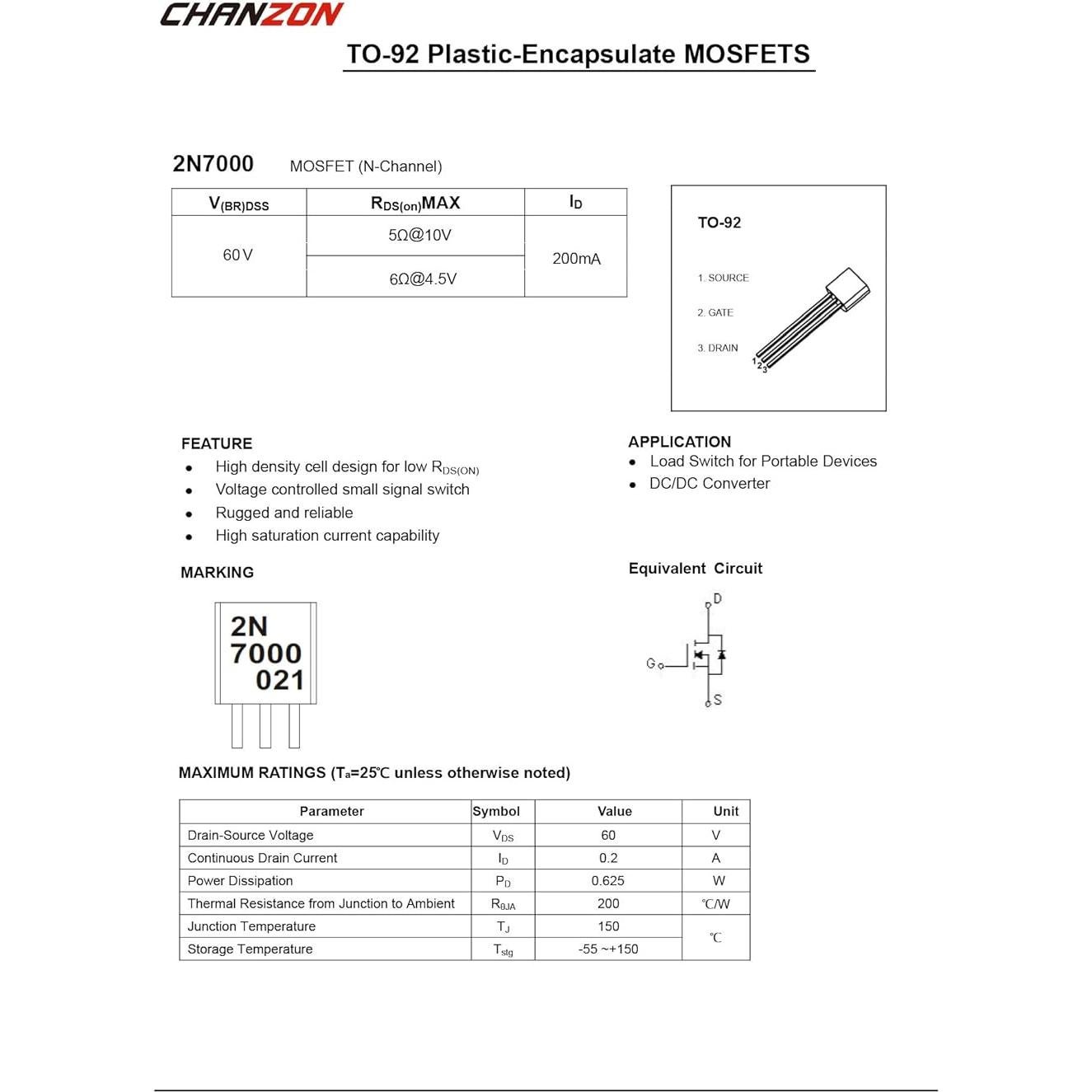 Transistor MOSFET Chanzon 2N7000 NMOS 60V 0.2A Paquete 100