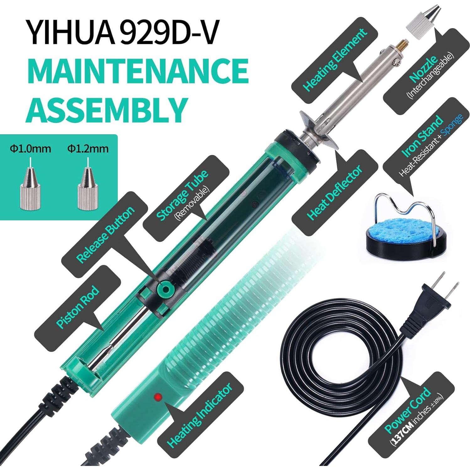 Hierro de Desoldadura YIHUA 929D-V Eléctrico con Boquillas 1.0mm y 1.2mm