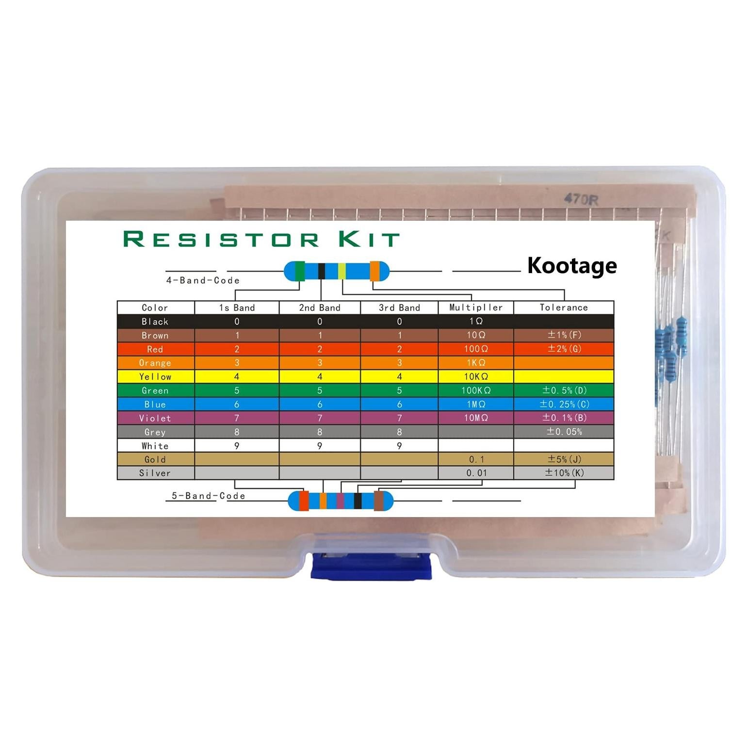 Kit de 760 Resistencias Kootage 1/4W 38 Valores 1 Ohm a 1M Ohm