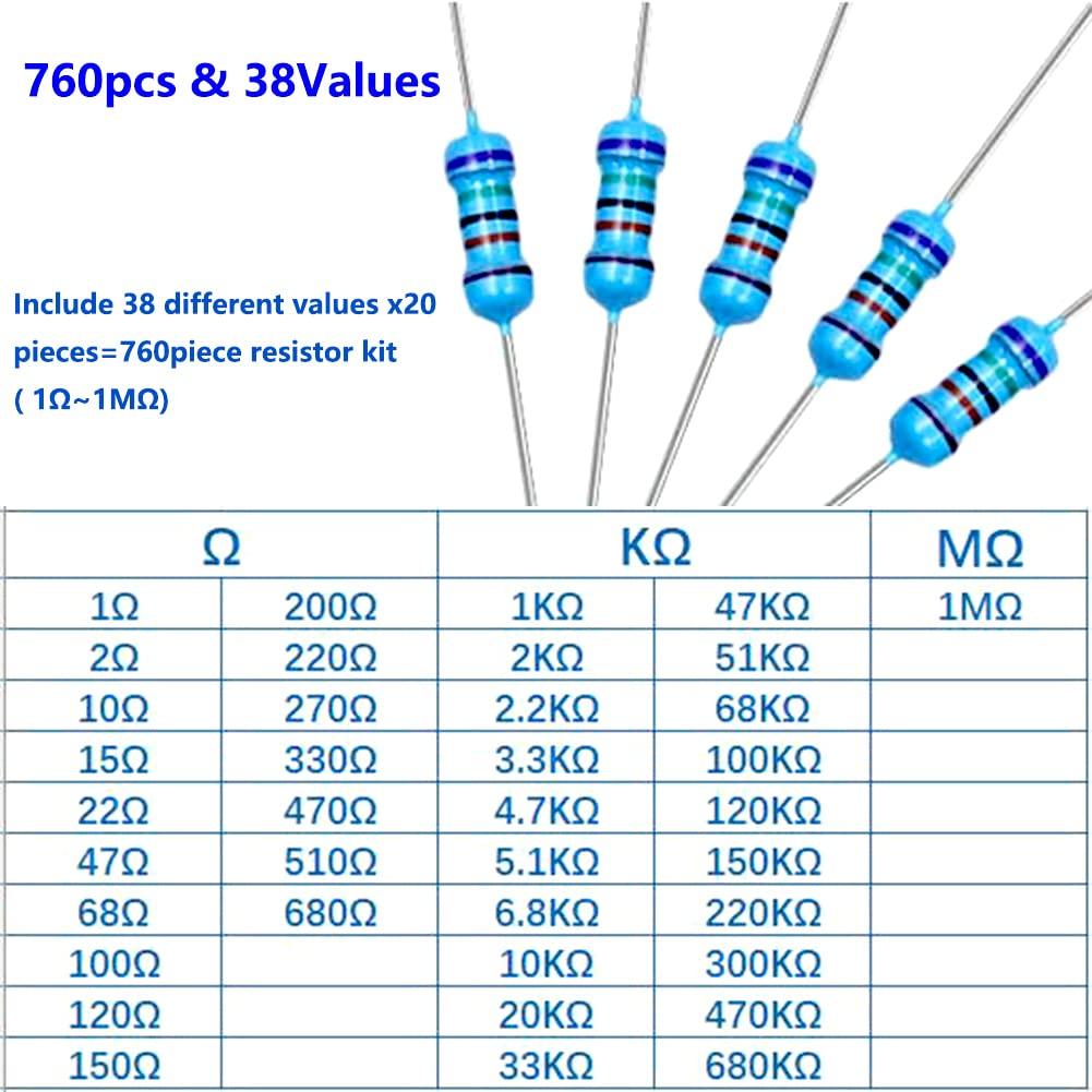 Kit de 760 Resistencias Kootage 1/4W 38 Valores 1 Ohm a 1M Ohm