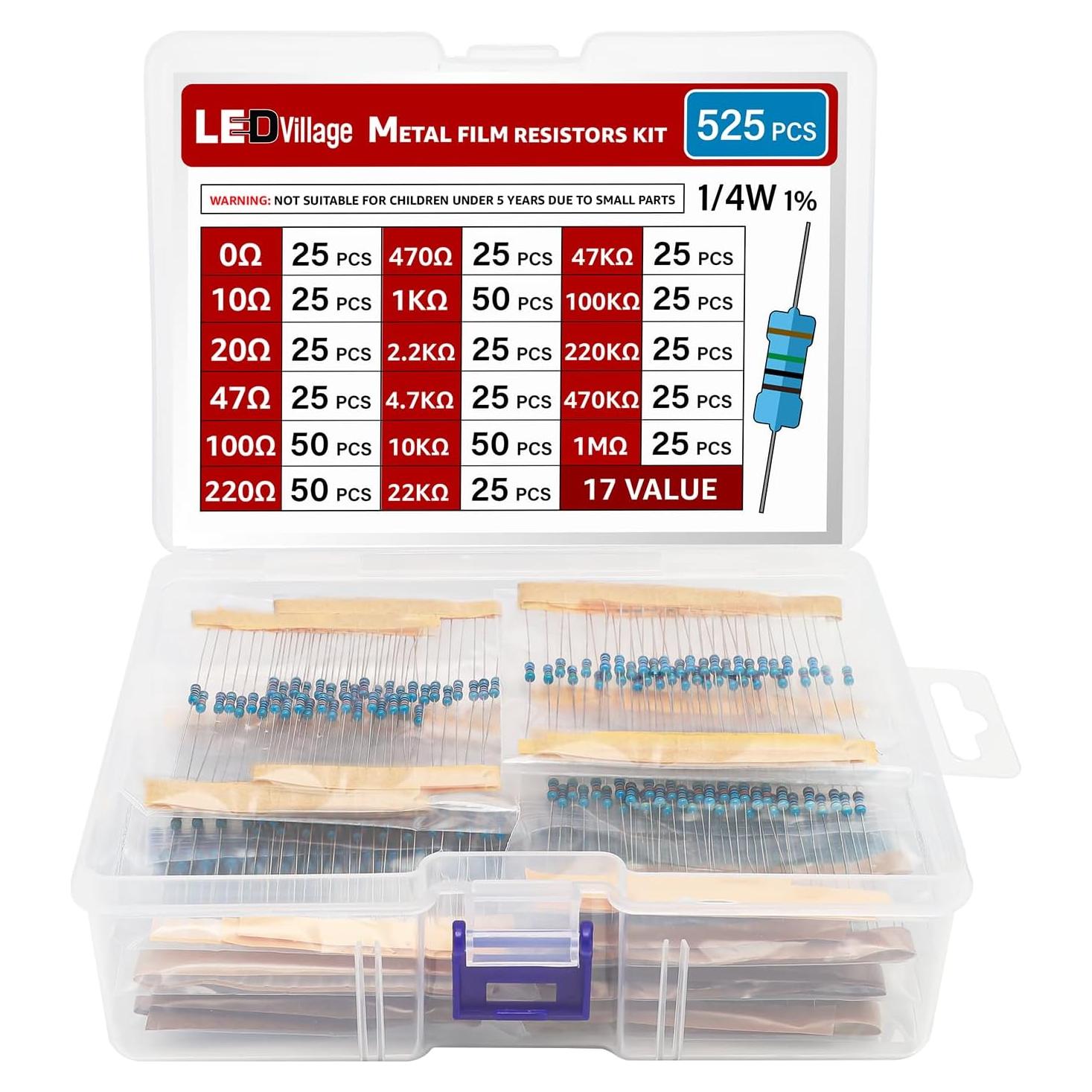 Kit de Resistores Ledvillage 525 Piezas 17 Valores 0-1M Ohm 1/4W