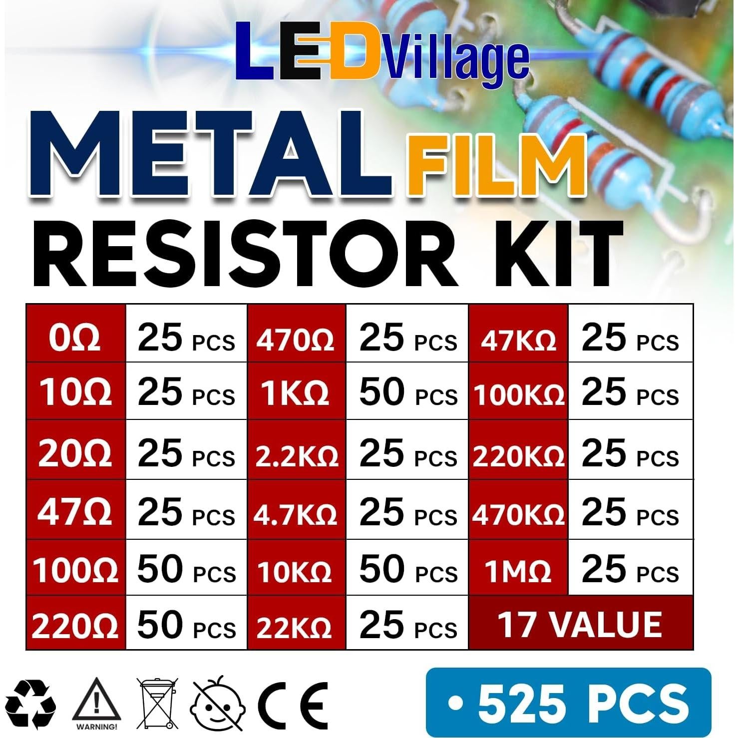 Kit de Resistores Ledvillage 525 Piezas 17 Valores 0-1M Ohm 1/4W