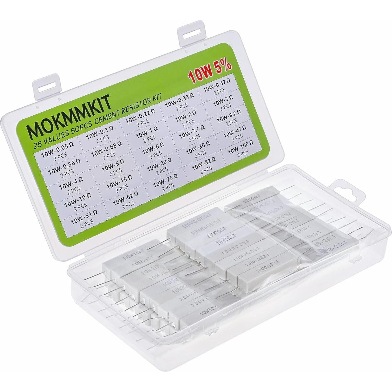 Kit de Resistores de Cemento MOKMMKIT 10W 50 Piezas 0.05-100 Ohm