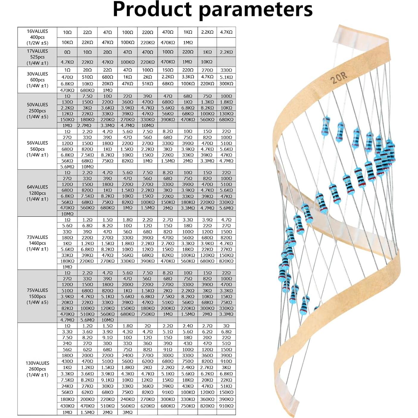 Kit de Resistencias WYEUTO 2500PCS 1 Ohm a 10M Ohm 1/4W