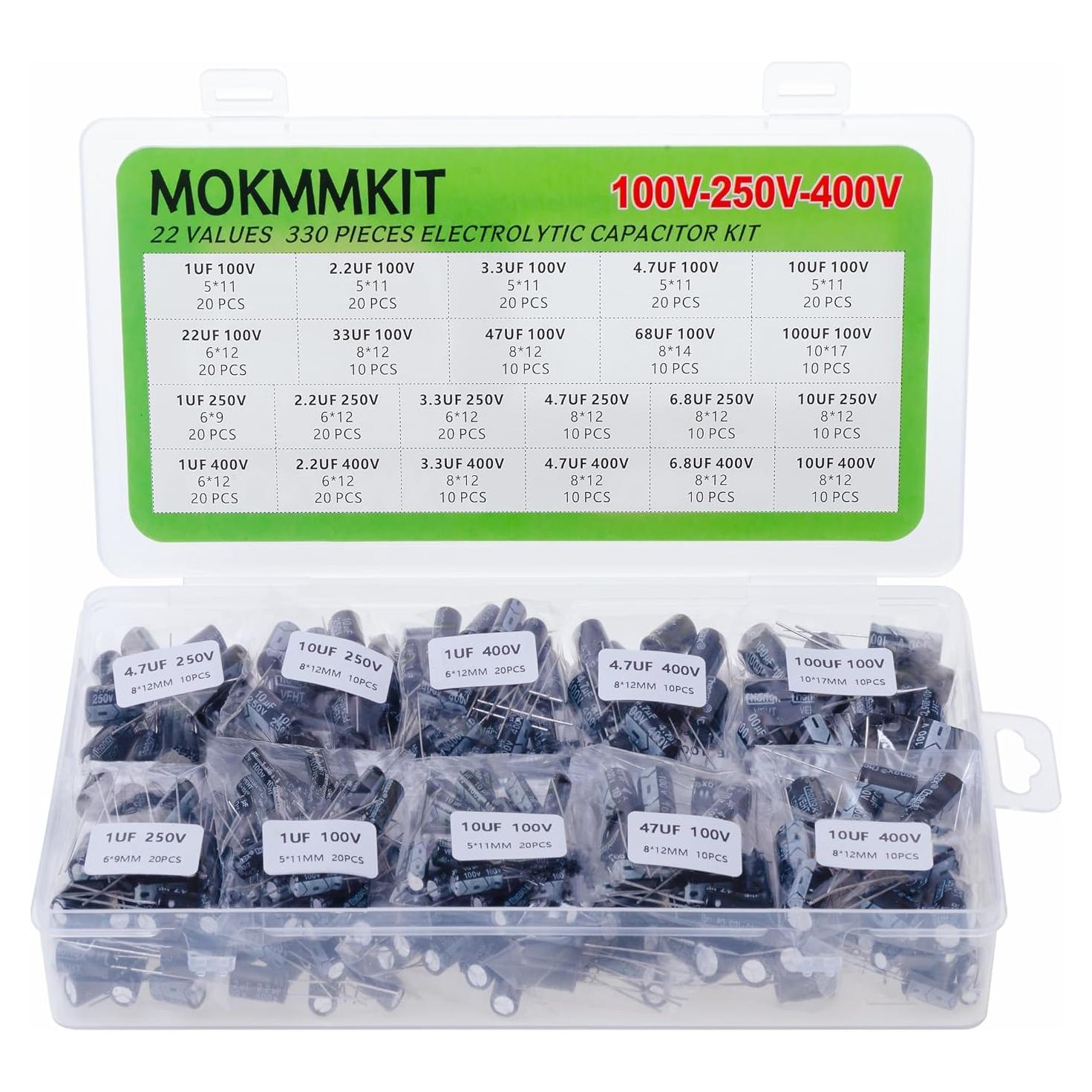 Kit de Capacitores Electrolíticos MOKMMKIT 330 Piezas 1uF-100uF