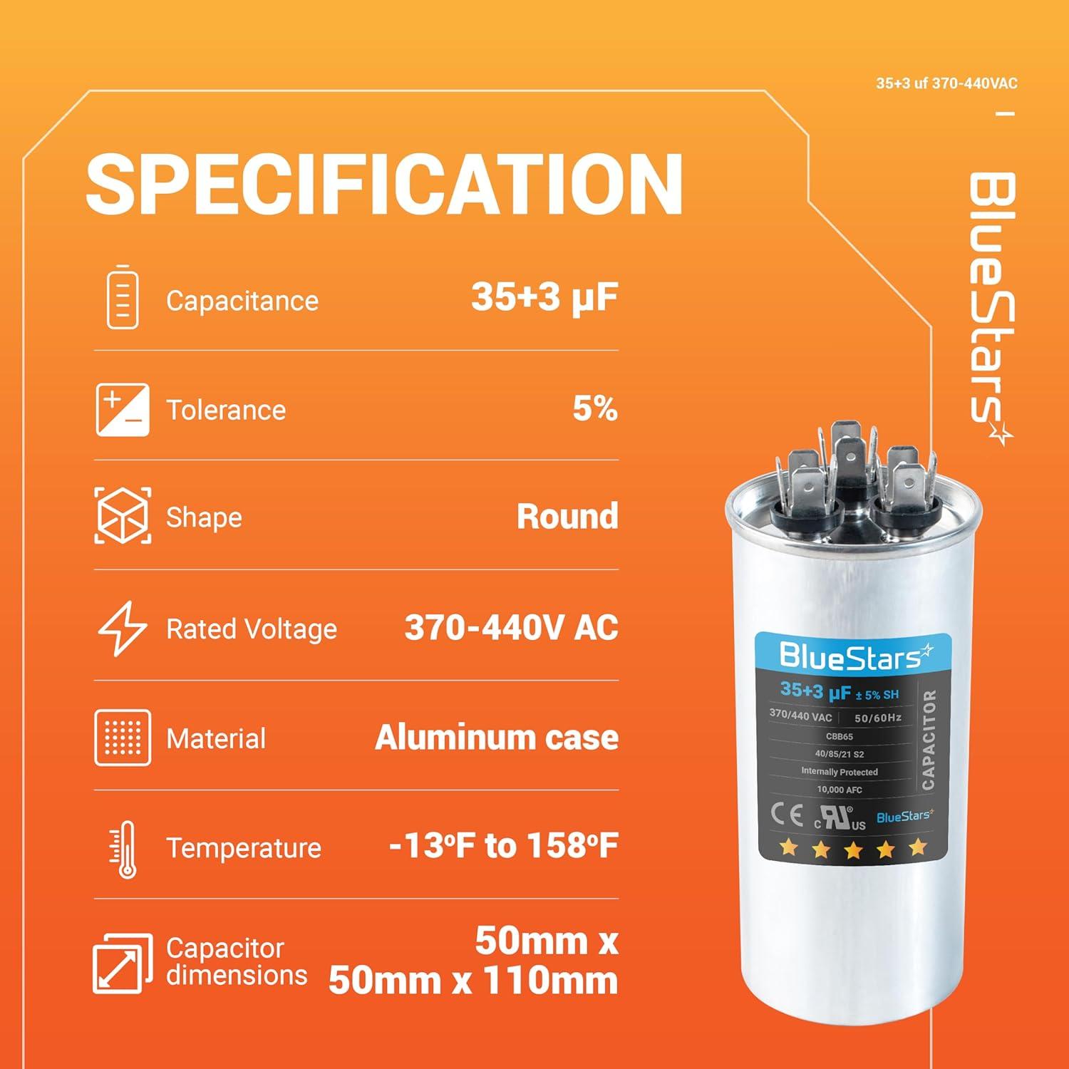Capacitor Redondo Doble Función BlueStars 35+3 MFD 370/440V