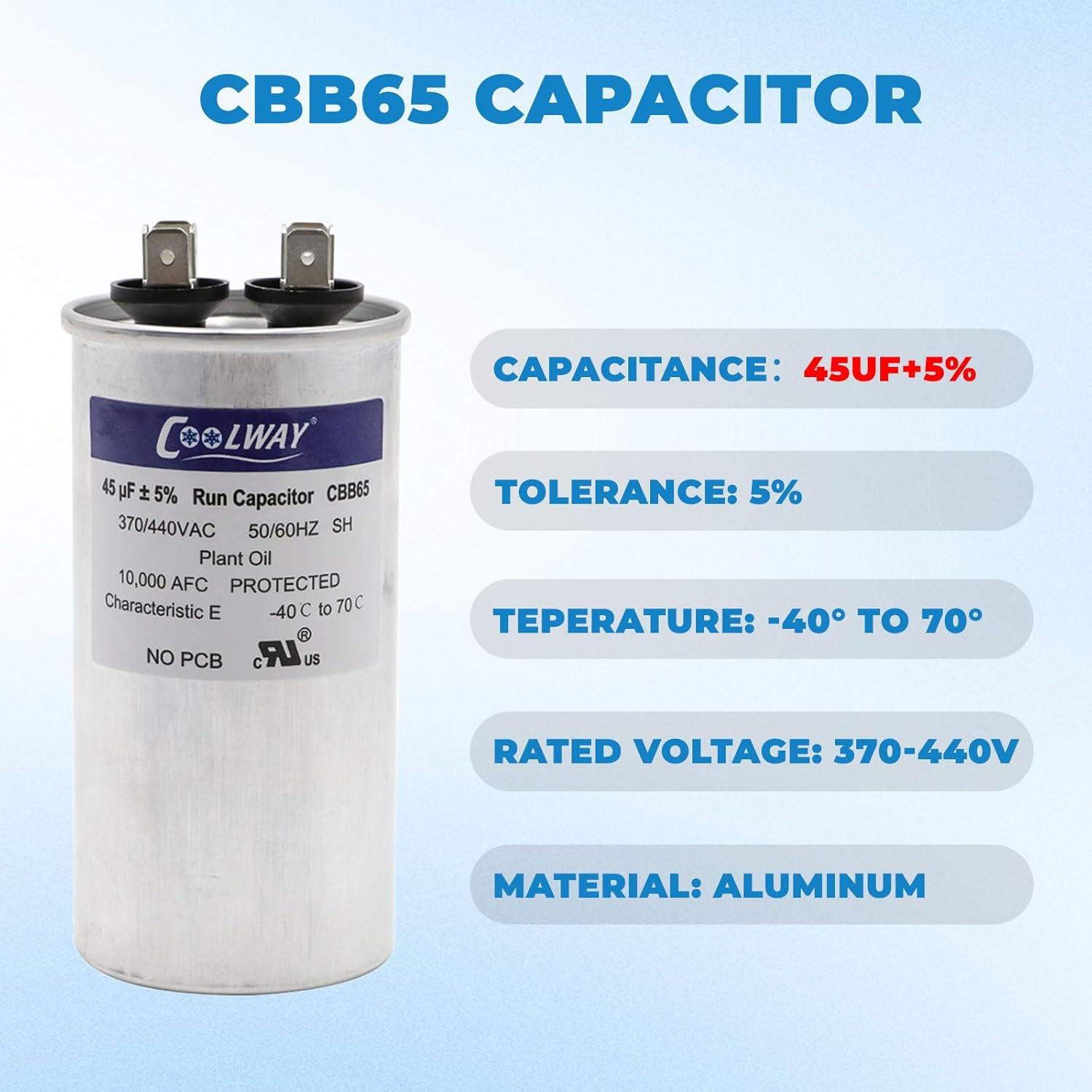 Capacitor de Arranque COOLWAY 45uF 370/440V CBB65B/CBB65R
