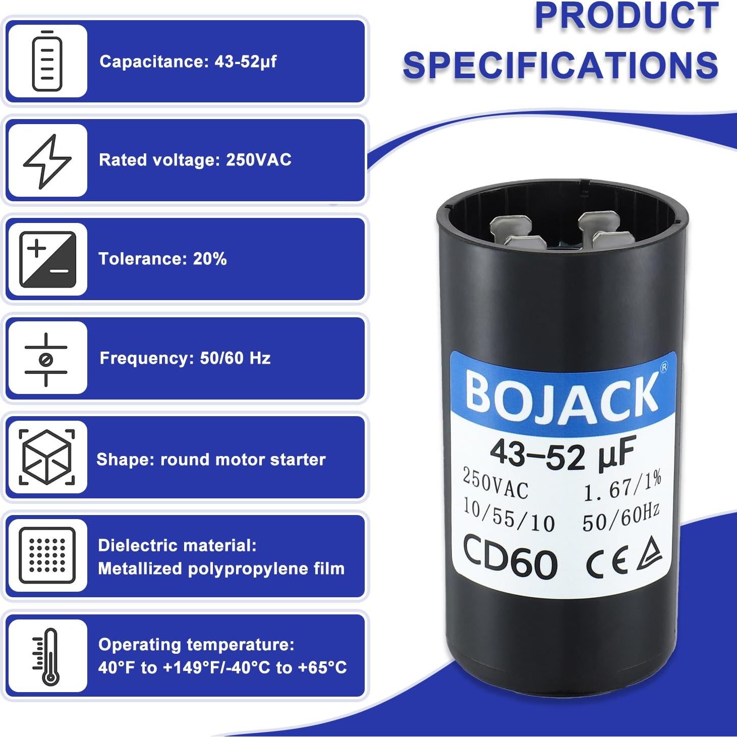 Capacitor de Arranque BOJACK CD60 43-52uF 250V Redondo