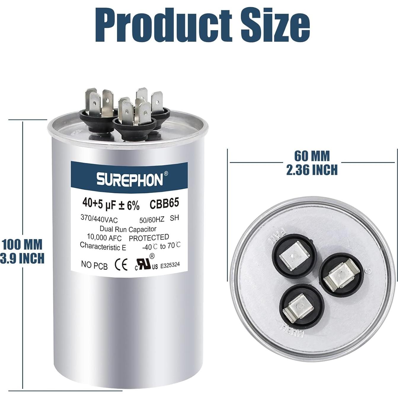Capacitor SUREPHON 40+5 uF 370V/440V para A/C y Ventiladores