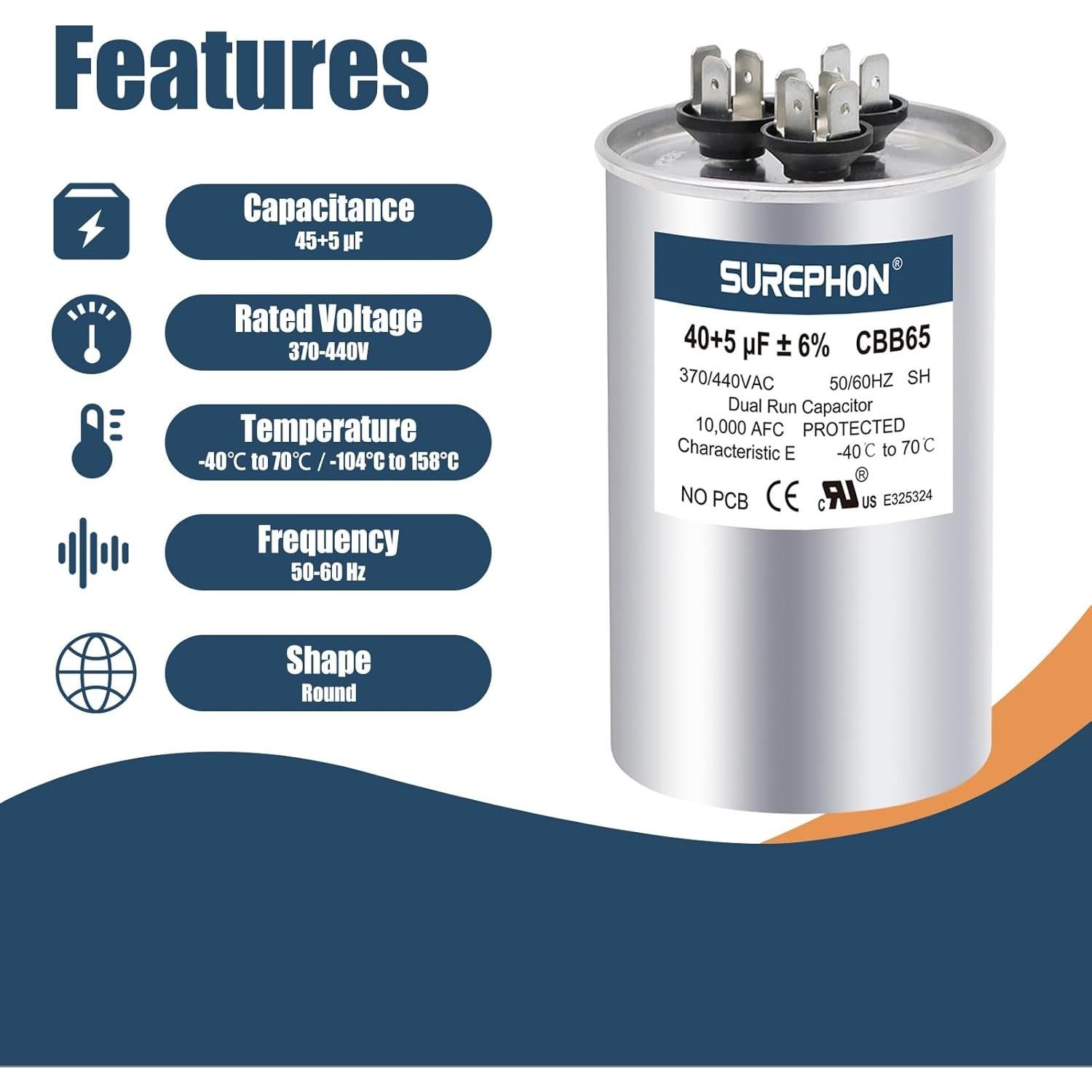 Capacitor SUREPHON 40+5 uF 370V/440V para A/C y Ventiladores
