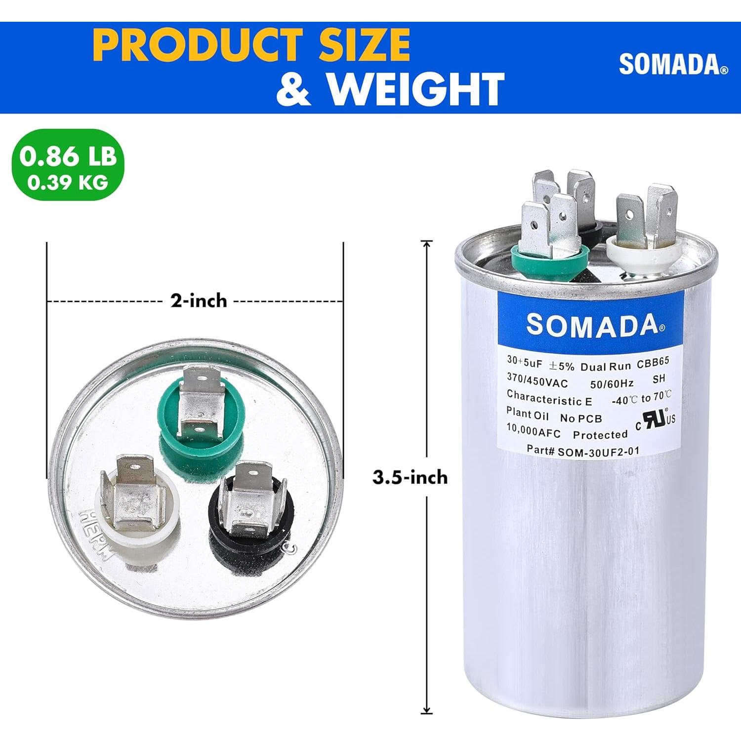 Paquete de 2 Capacitores CBB65 30+5uF 370V para Aire Acondicionado