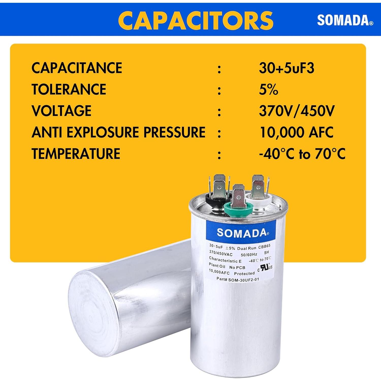 Paquete de 2 Capacitores CBB65 30+5uF 370V para Aire Acondicionado
