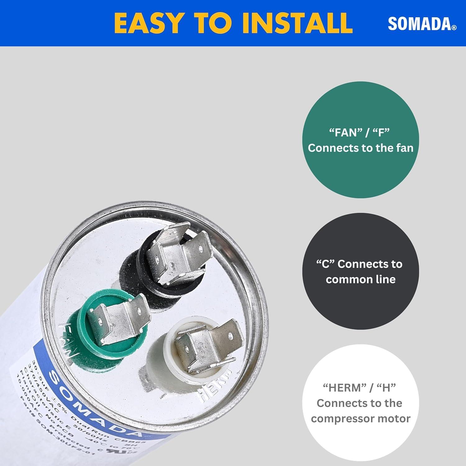 Paquete de 2 Capacitores CBB65 30+5uF 370V para Aire Acondicionado