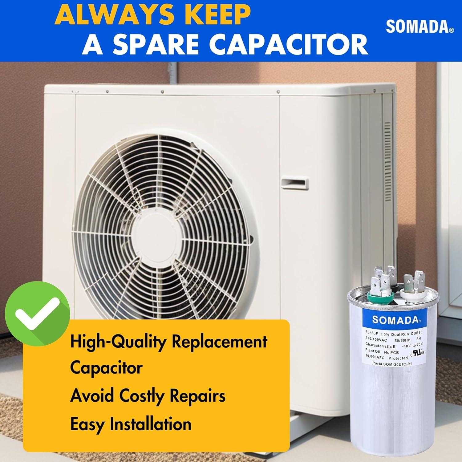 Paquete de 2 Capacitores CBB65 30+5uF 370V para Aire Acondicionado