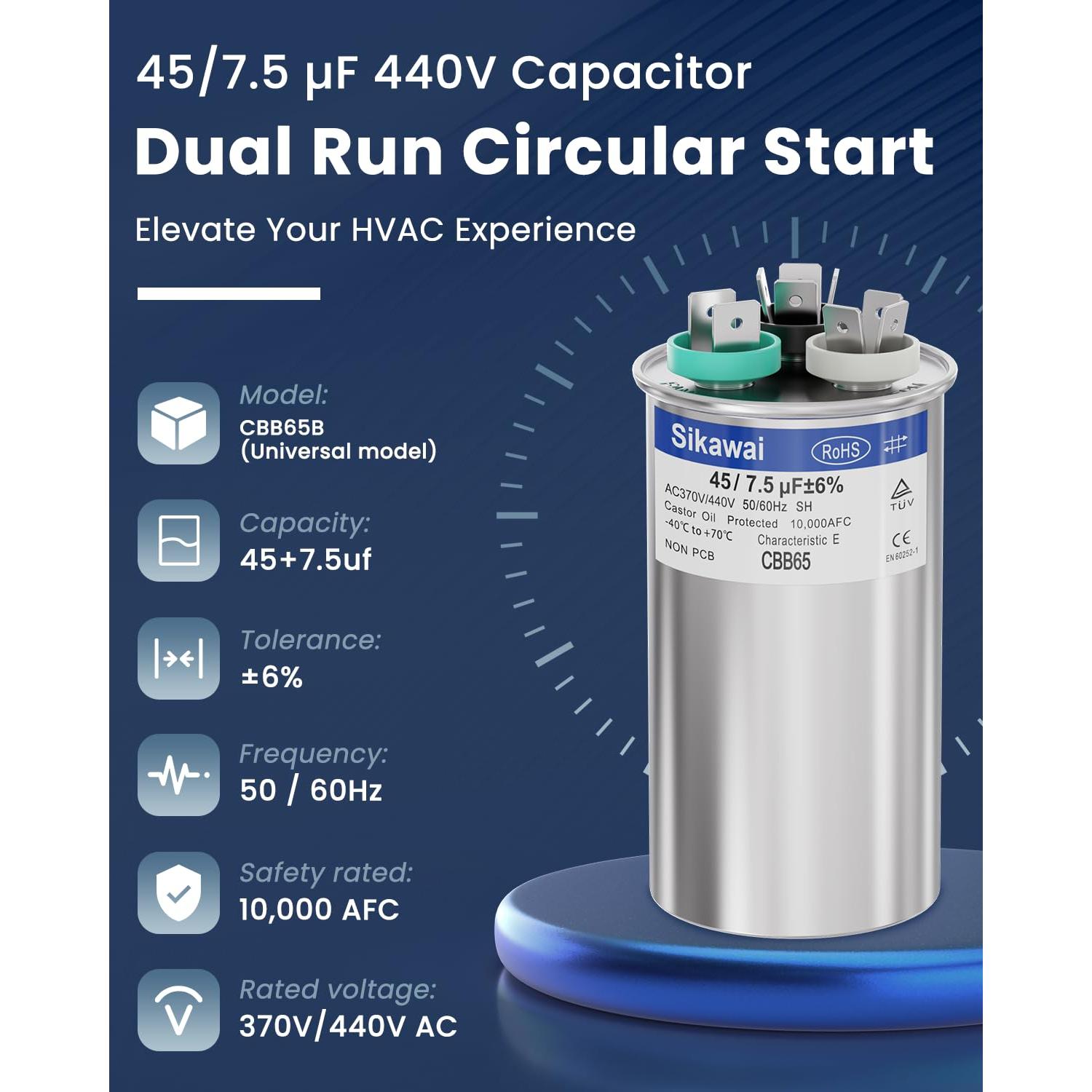 Capacitor CBB65B 45/7.5uF 370/440V Sikawai para Aire Acondicionado