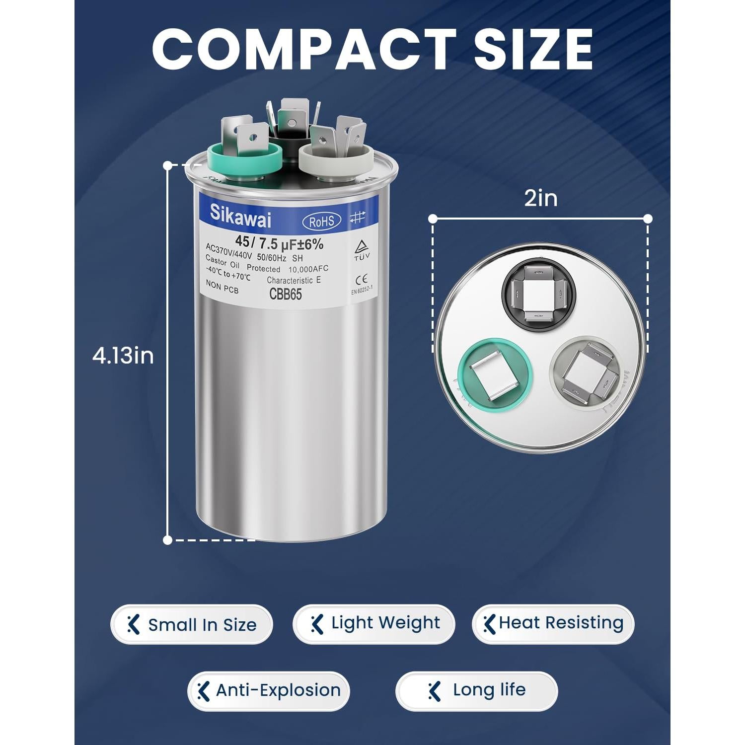 Capacitor CBB65B 45/7.5uF 370/440V Sikawai para Aire Acondicionado
