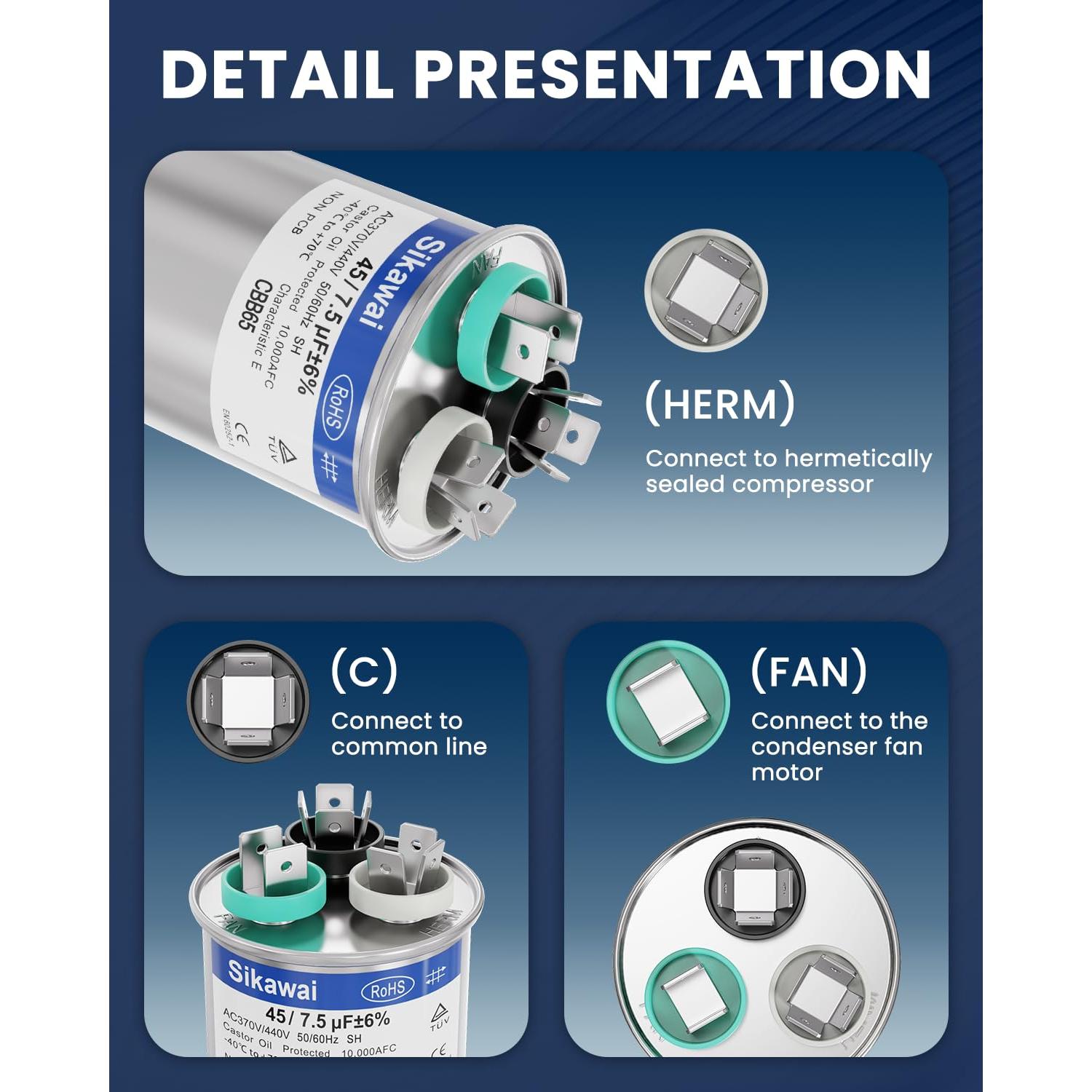 Capacitor CBB65B 45/7.5uF 370/440V Sikawai para Aire Acondicionado