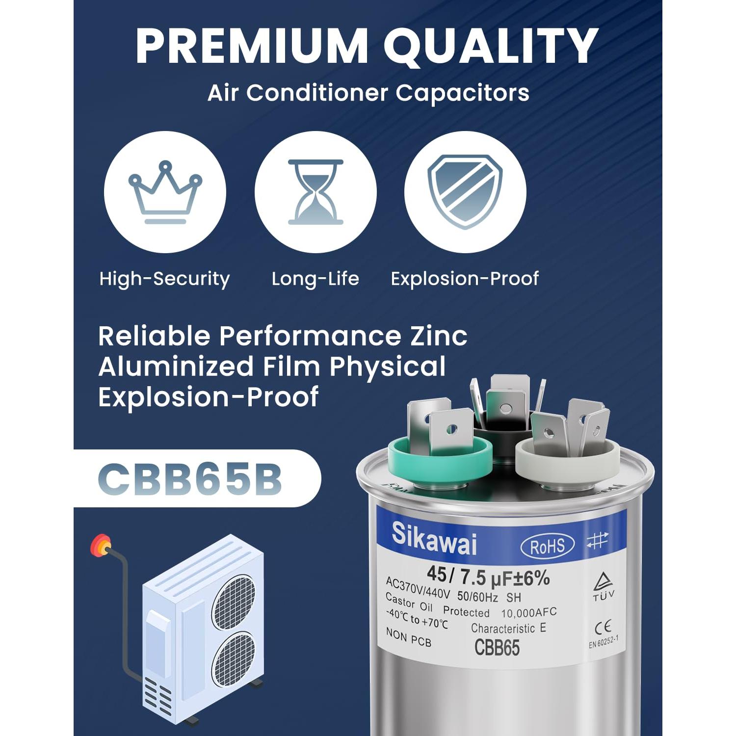 Capacitor CBB65B 45/7.5uF 370/440V Sikawai para Aire Acondicionado