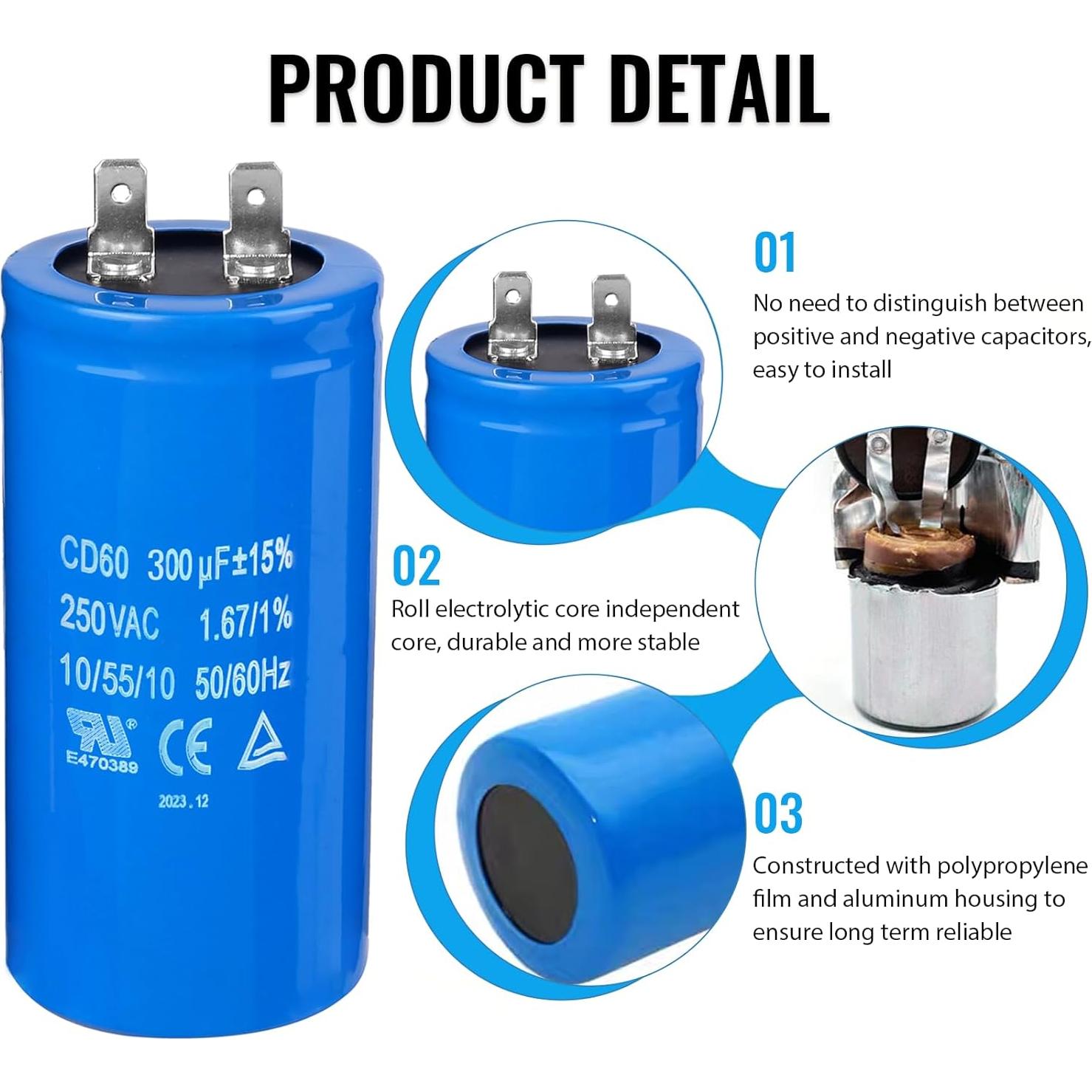Condensador de Arranque ZOWZEA CD60 300uF 250V para Motor Eléctrico
