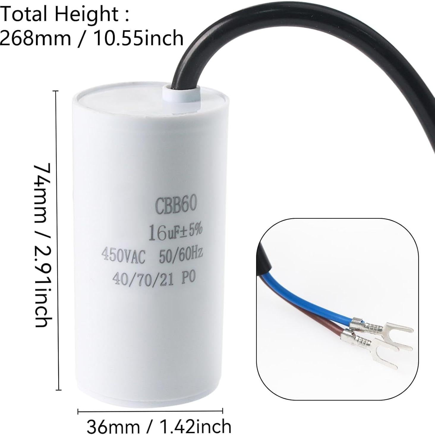 Capacitor CBB60 16uF 450V para AC y Motores - Montaje Superficie