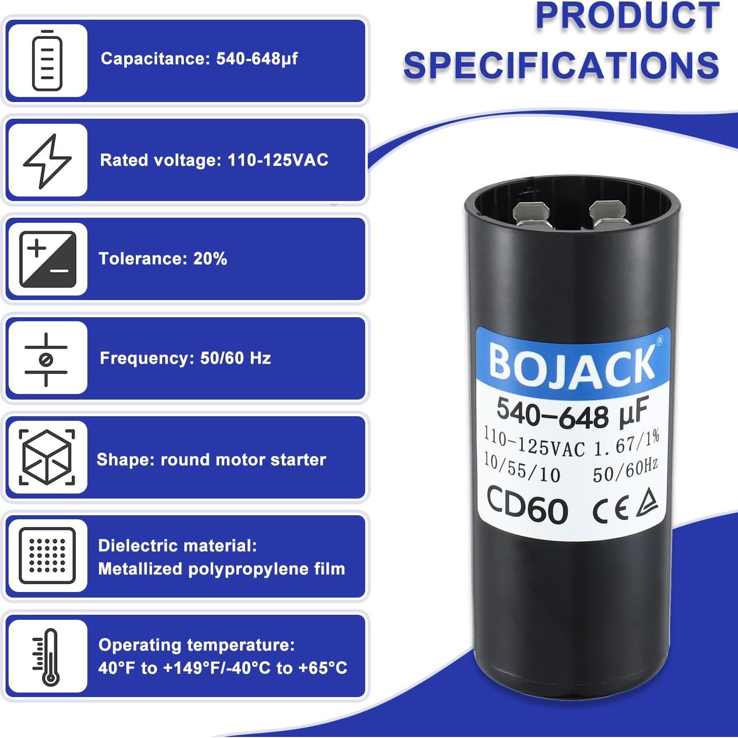 Capacitor de Arranque BOJACK CD60 540-648 uF 110-125 VAC