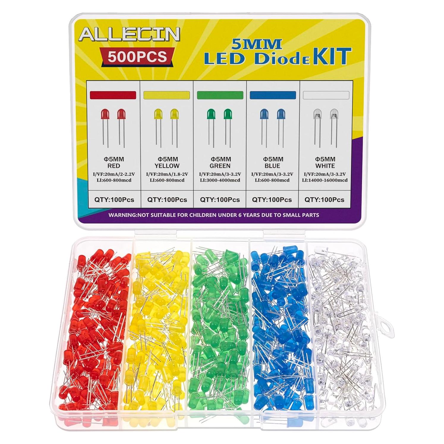 Kit de Diodos LED 5MM ALLECIN 500pcs 5 Colores Bajo Voltaje