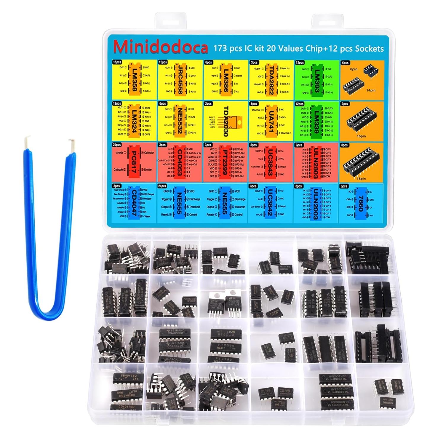 Kit de Chips IC Minidodoca 173 Pcs 20 Valores + 12 Zócalos