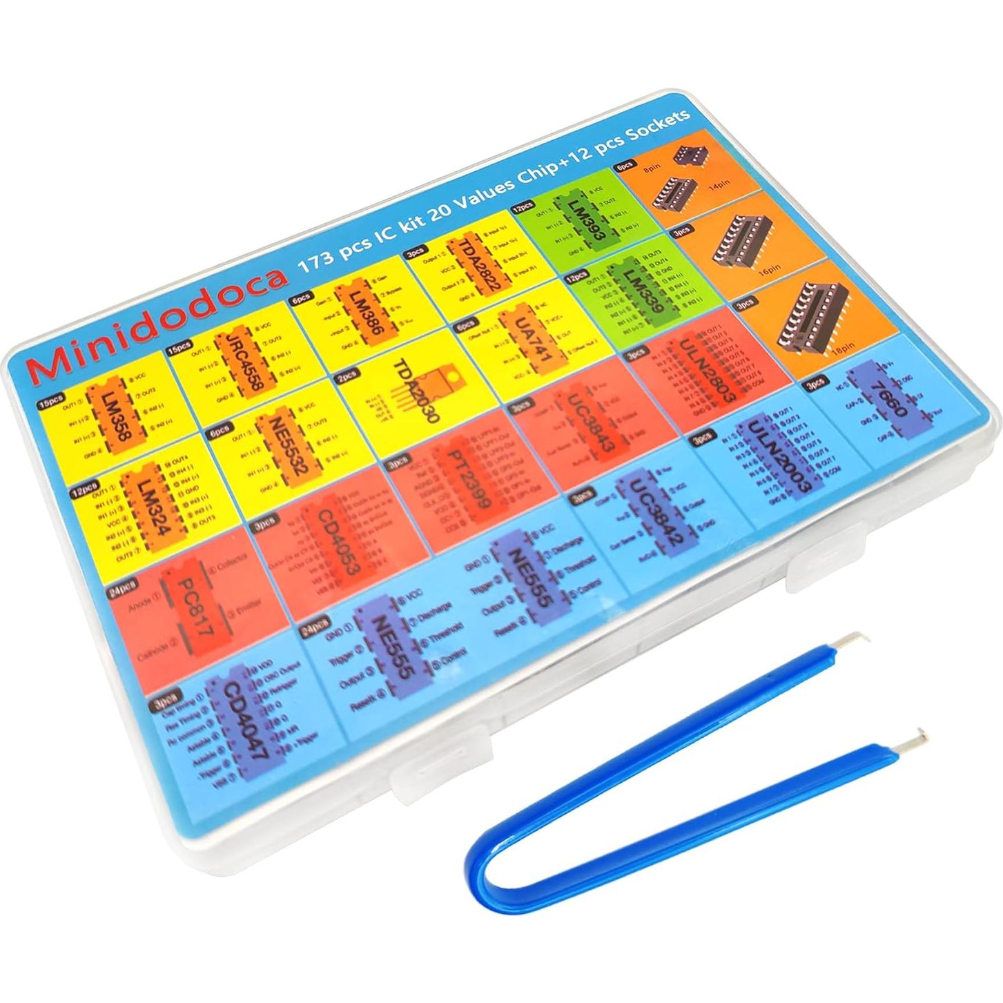 Kit de Chips IC Minidodoca 173 Pcs 20 Valores + 12 Zócalos