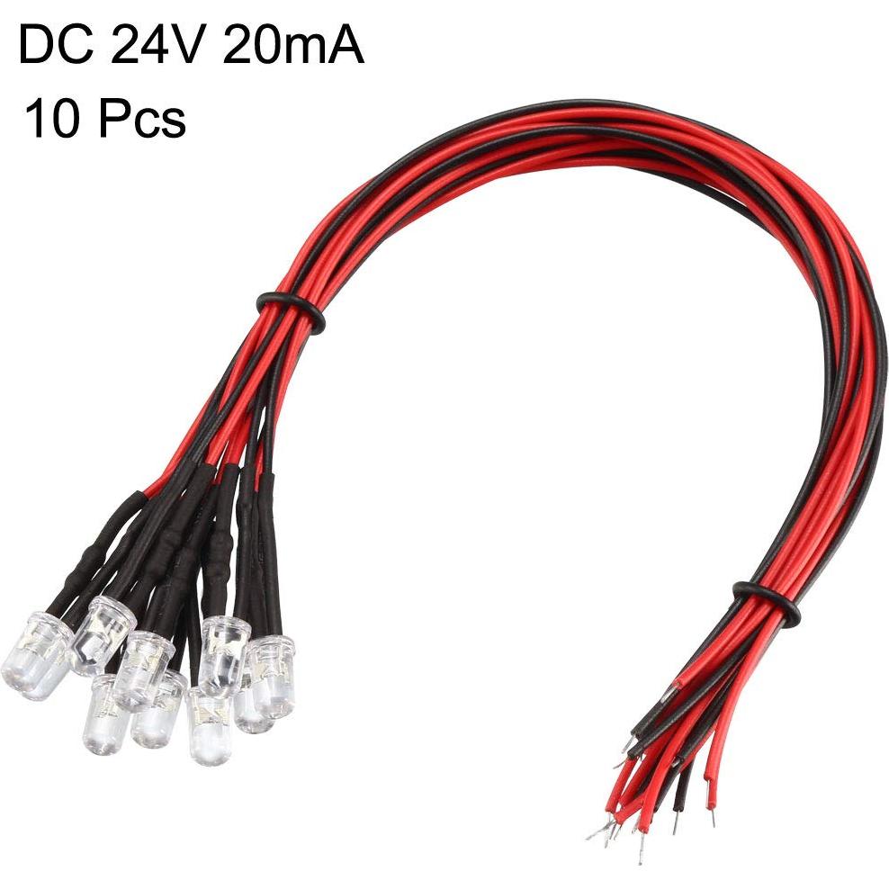 10 Piezas LED Pre Cableados 5mm Rojo uxcell DC 24V 20cm