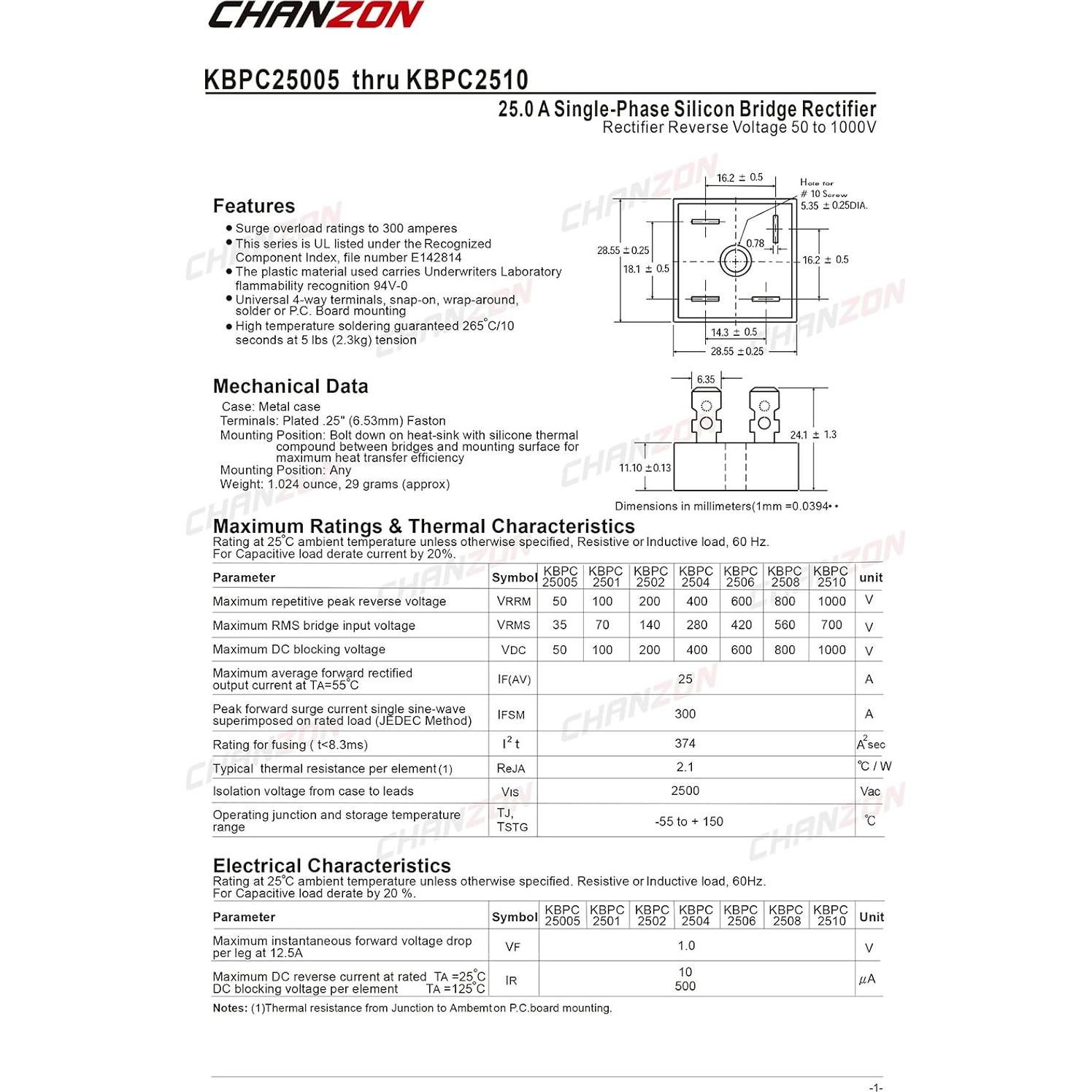 Diodo Rectificador de Puente Chanzon KBPC2510 25A 1000V - 2 Piezas