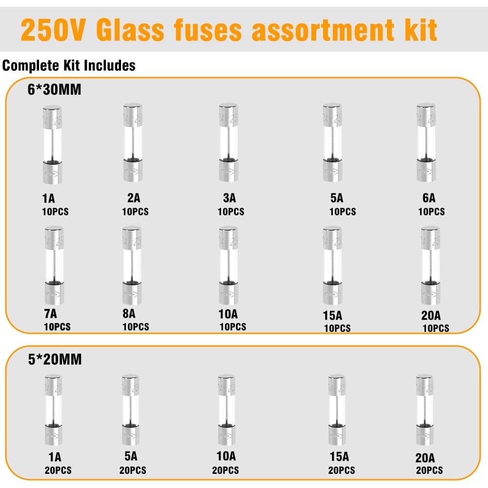 Kit de Fusibles de Vidrio YUNFOOK 200 Piezas 1A-20A 250V