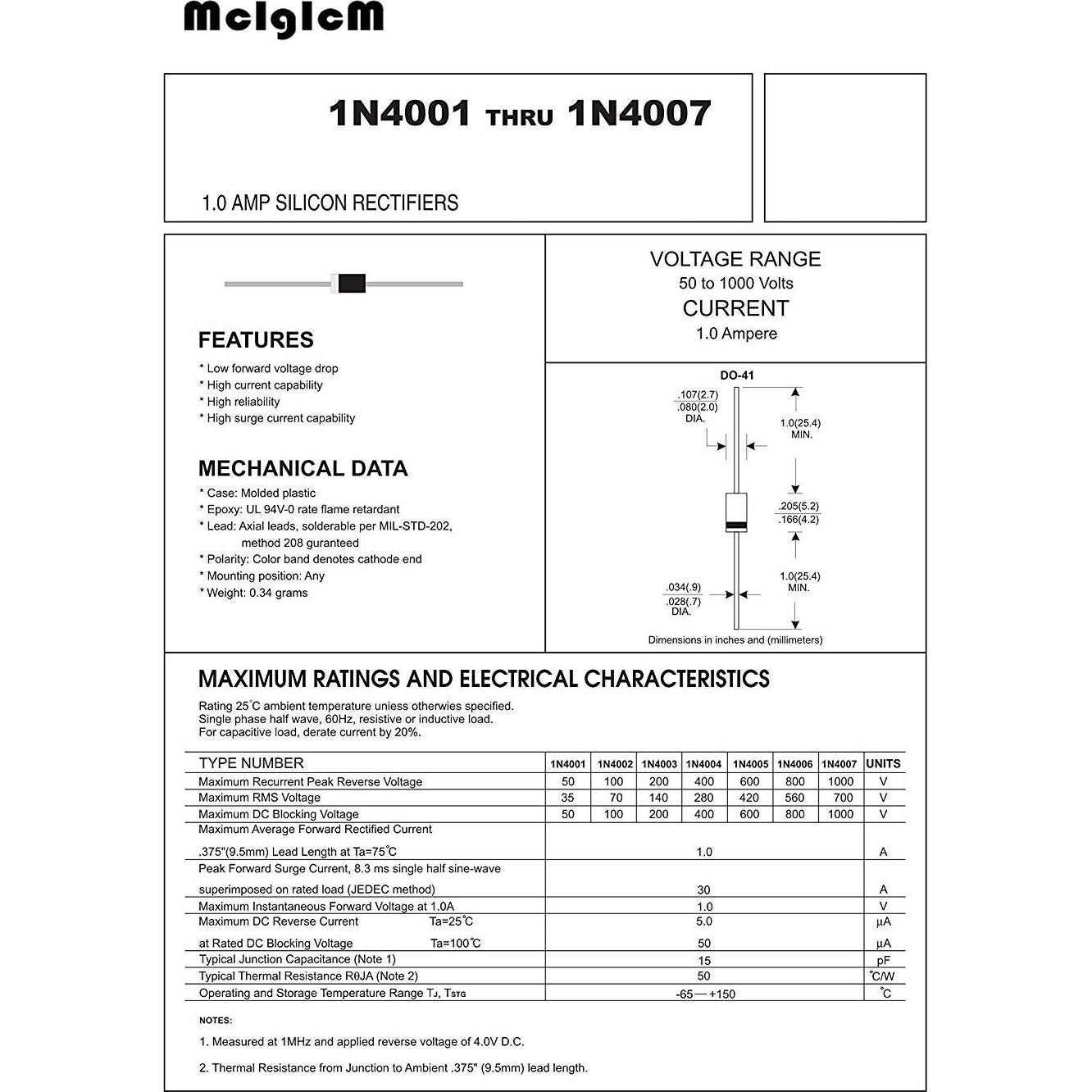 Diodo Rectificador 1N4007 McIgIcM 1000V 1A 100 Pcs