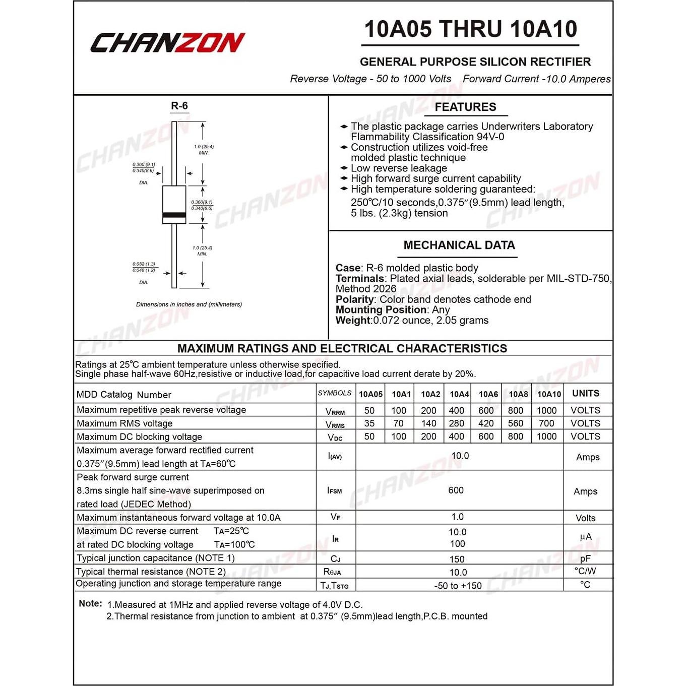 Diodo Rectificador Chanzon 10A10 1000V Axial 20 Piezas