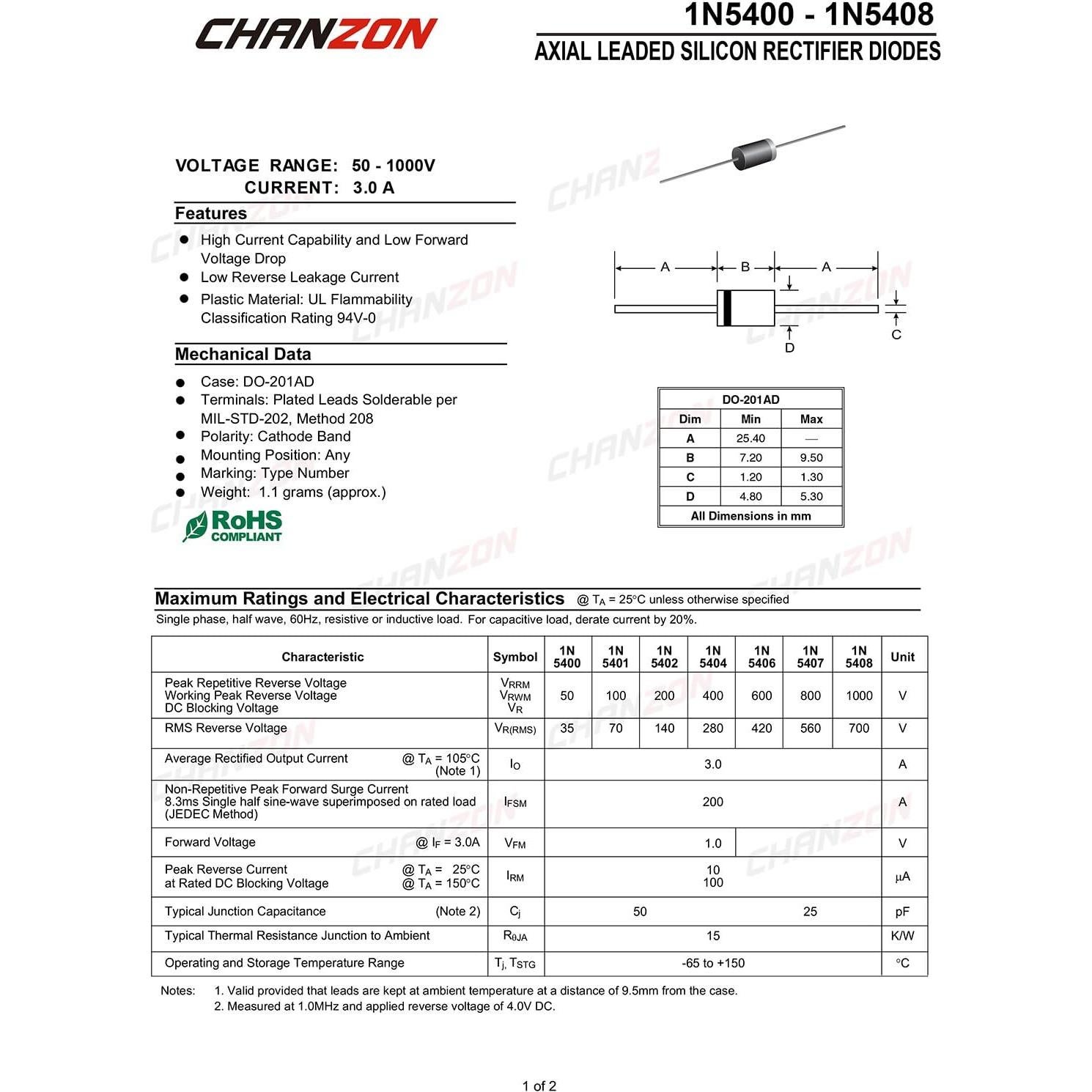 Diodo Rectificador Chanzon 1N5404 3A 400V Paquete 50 Piezas