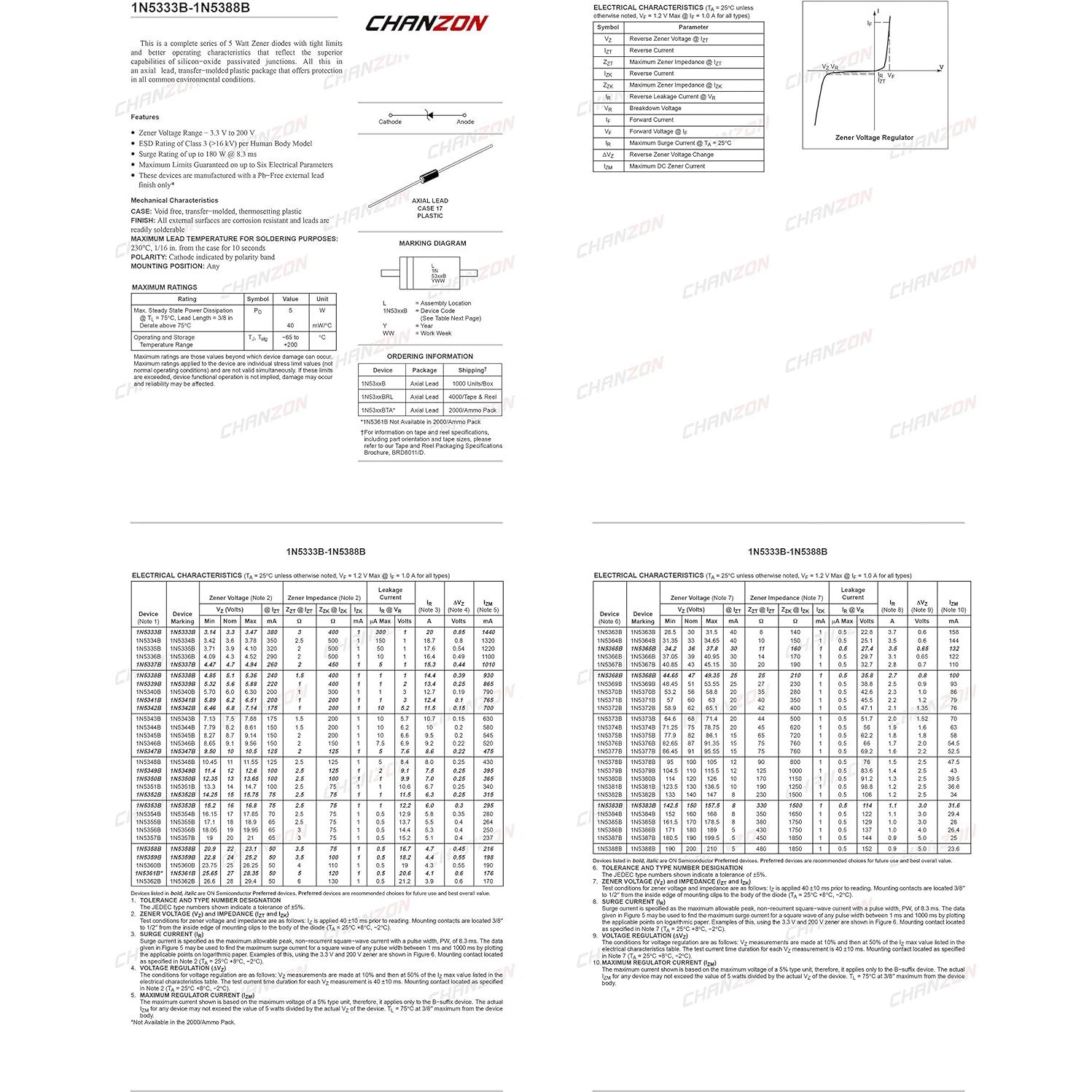 Paquete de 20 Diodos Zener Chanzon 1N5349B 12V 5W T-18