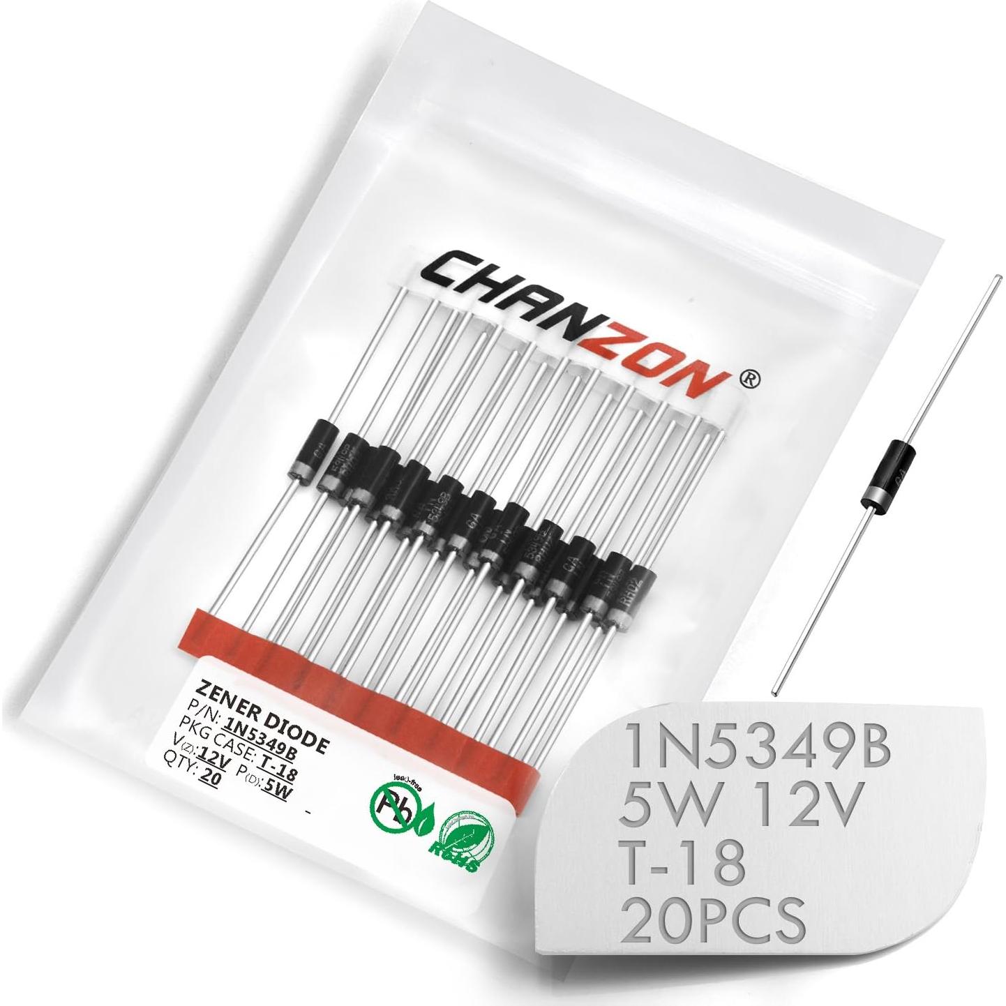 Paquete de 20 Diodos Zener Chanzon 1N5349B 12V 5W T-18