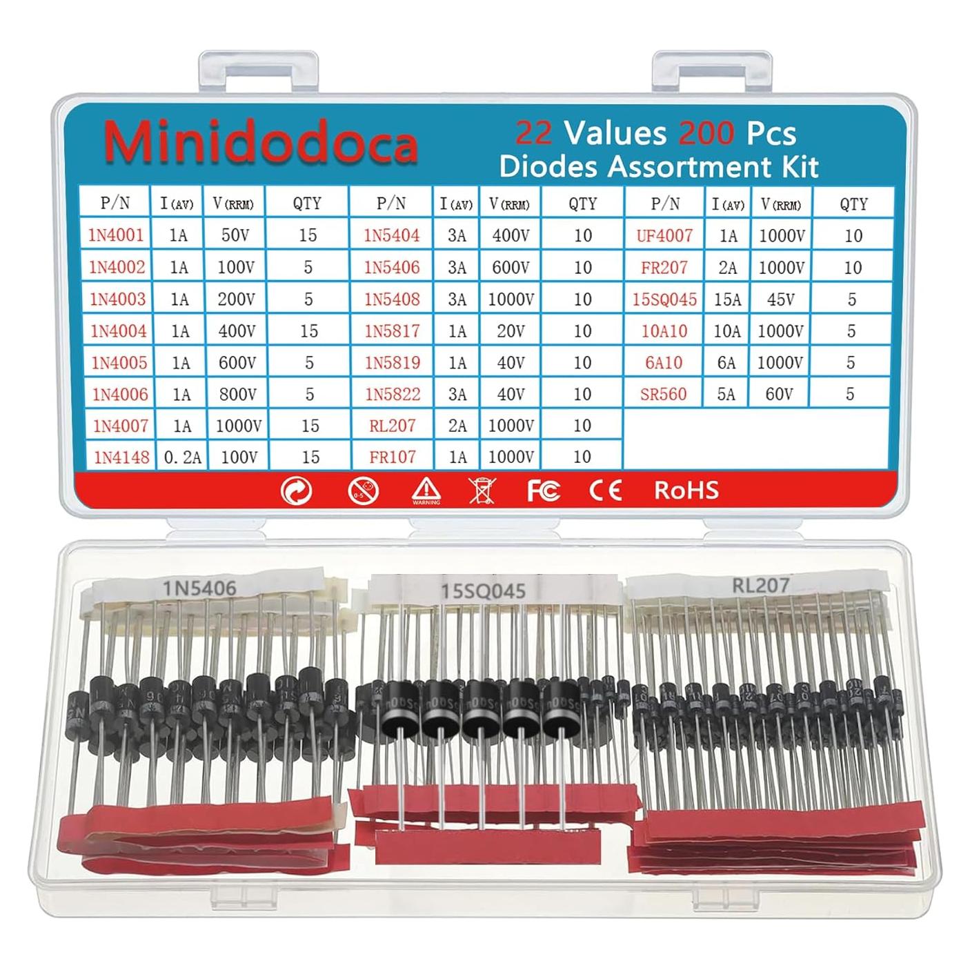 Kit de Diodos Rectificadores Minidodoca 200pcs 22 Valores