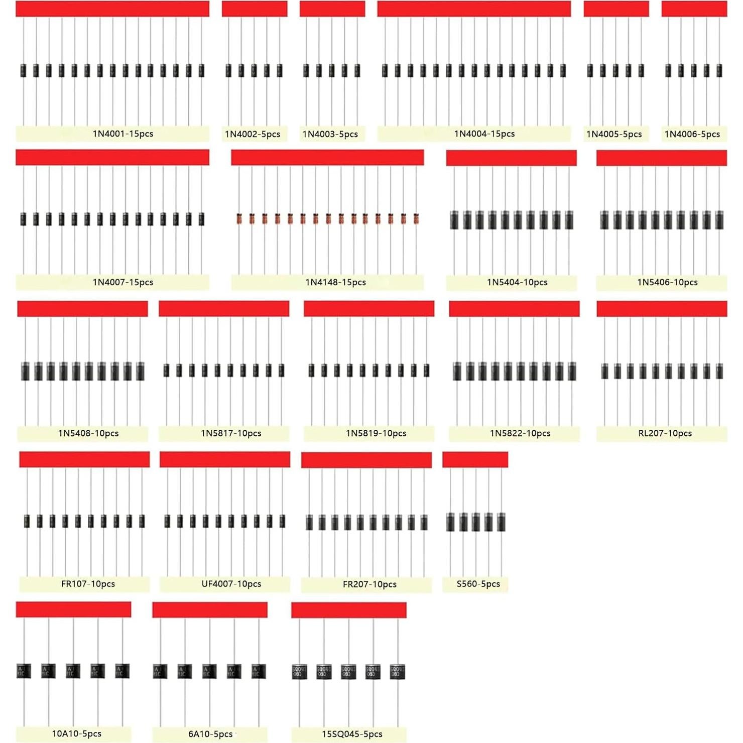 Kit de Diodos Rectificadores Minidodoca 200pcs 22 Valores