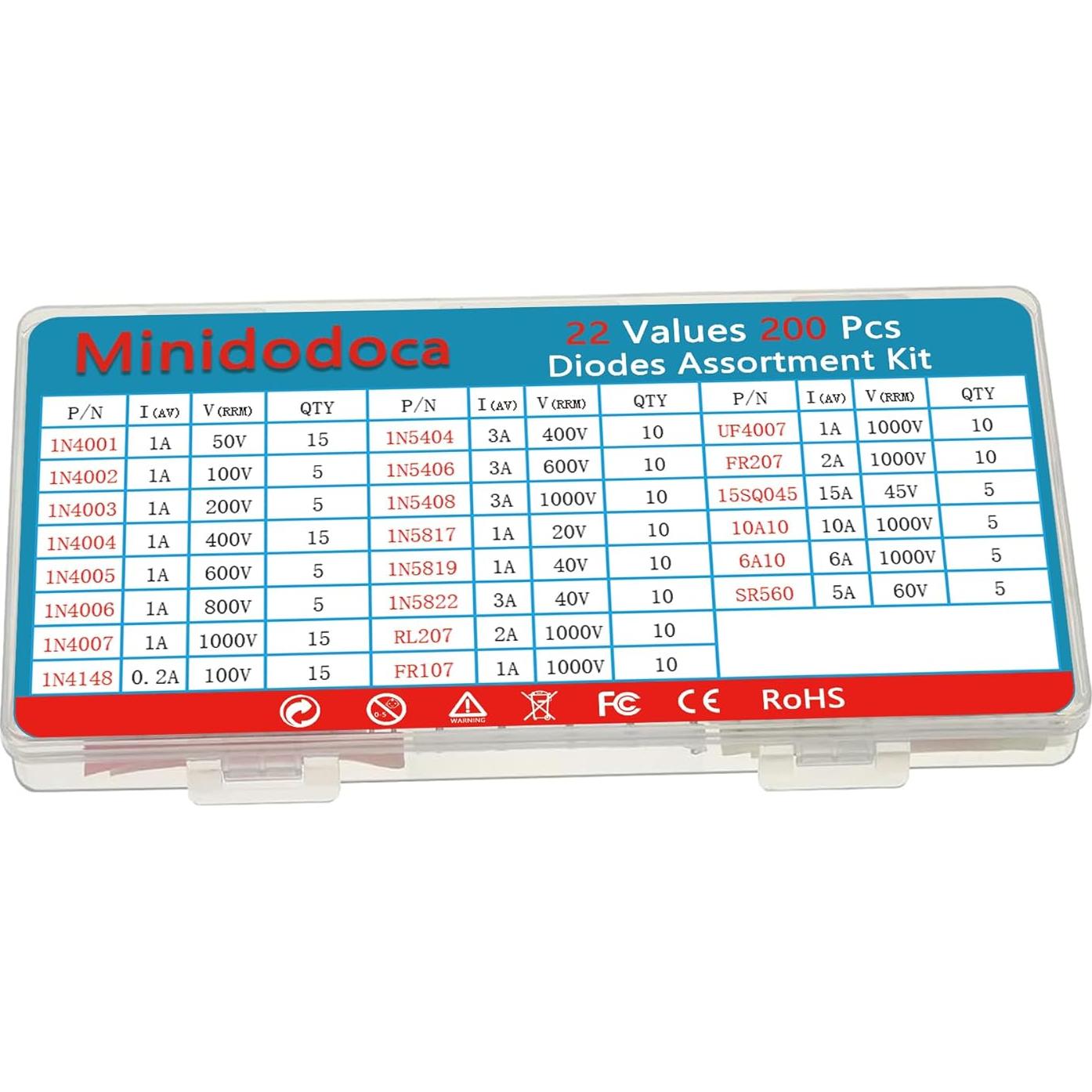 Kit de Diodos Rectificadores Minidodoca 200pcs 22 Valores